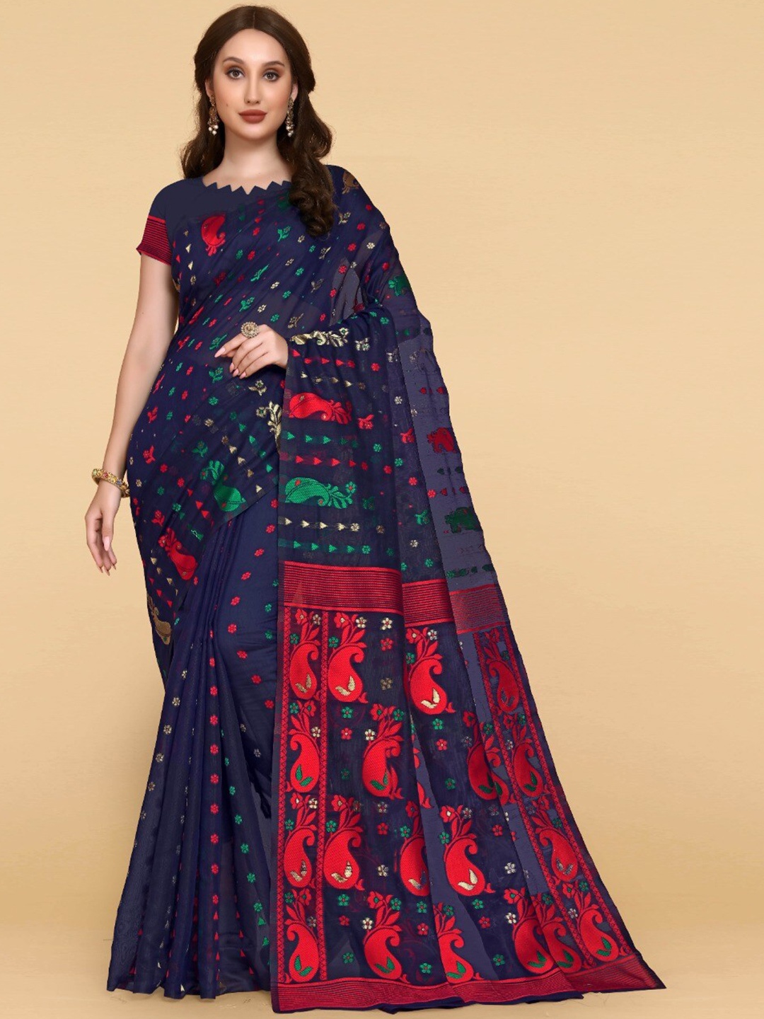 

ZIKARAA Woven Design Jute Cotton Jamdani Saree, Navy blue