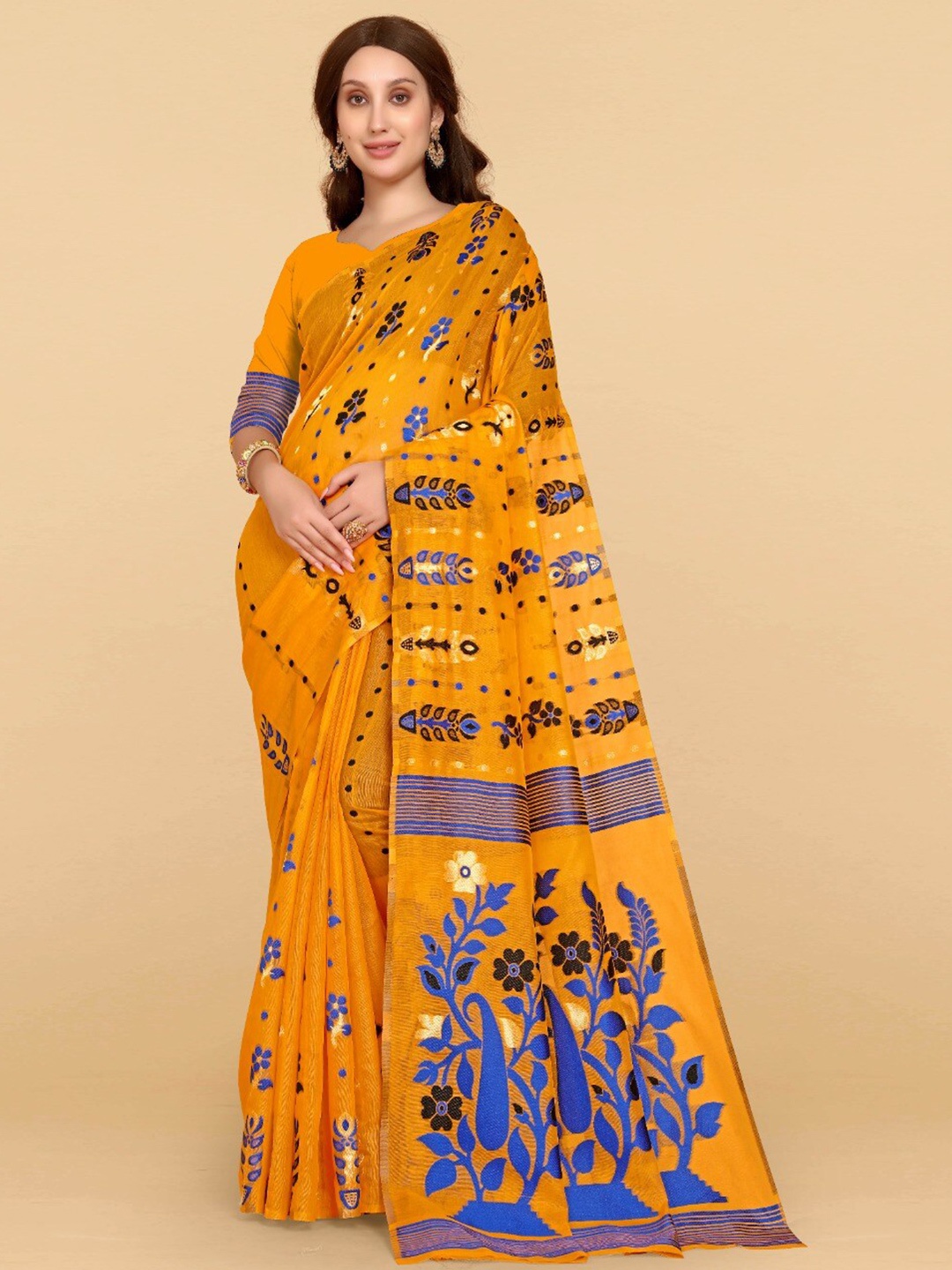 

ZIKARAA Woven Design Jute Cotton Jamdani Saree, Orange