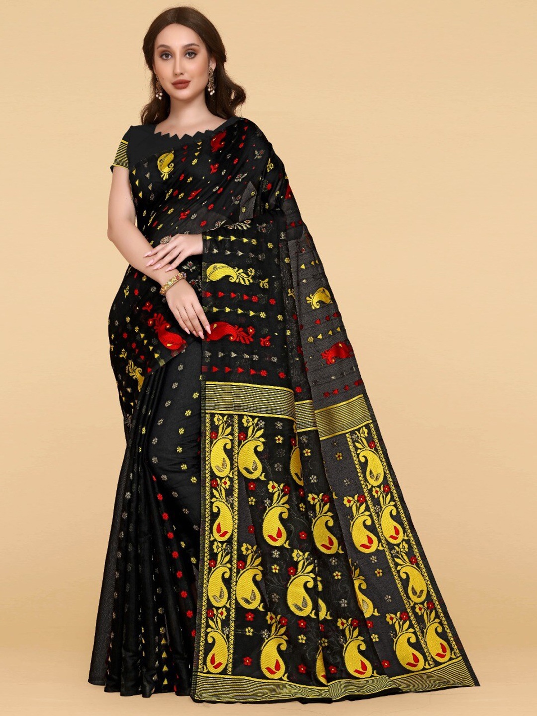

ZIKARAA Woven Design Jute Cotton Jamdani Saree, Black