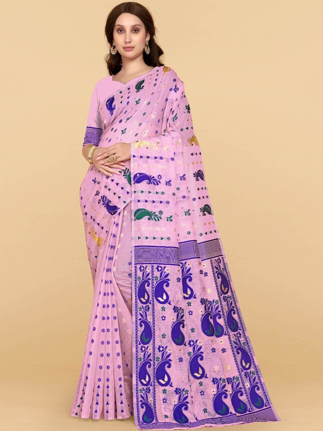 

ZIKARAA Woven Design Jute Cotton Jamdani Saree, Pink