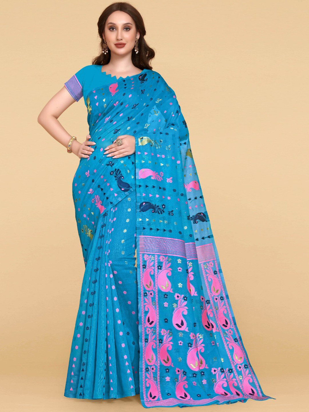 

ZIKARAA Woven Design Jute Cotton Jamdani Saree, Turquoise blue