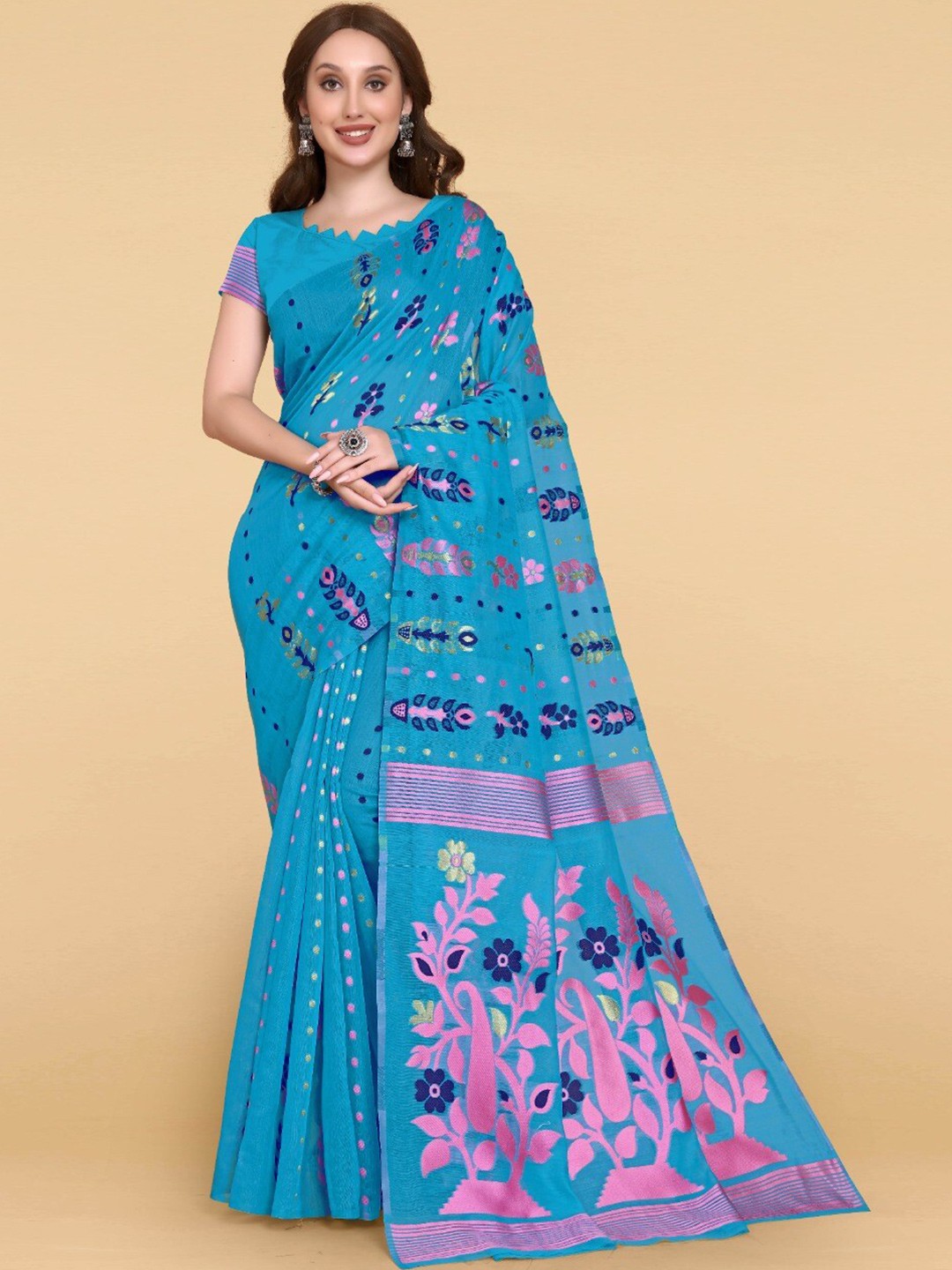 

ZIKARAA Woven Design Jute Cotton Jamdani Saree, Turquoise blue
