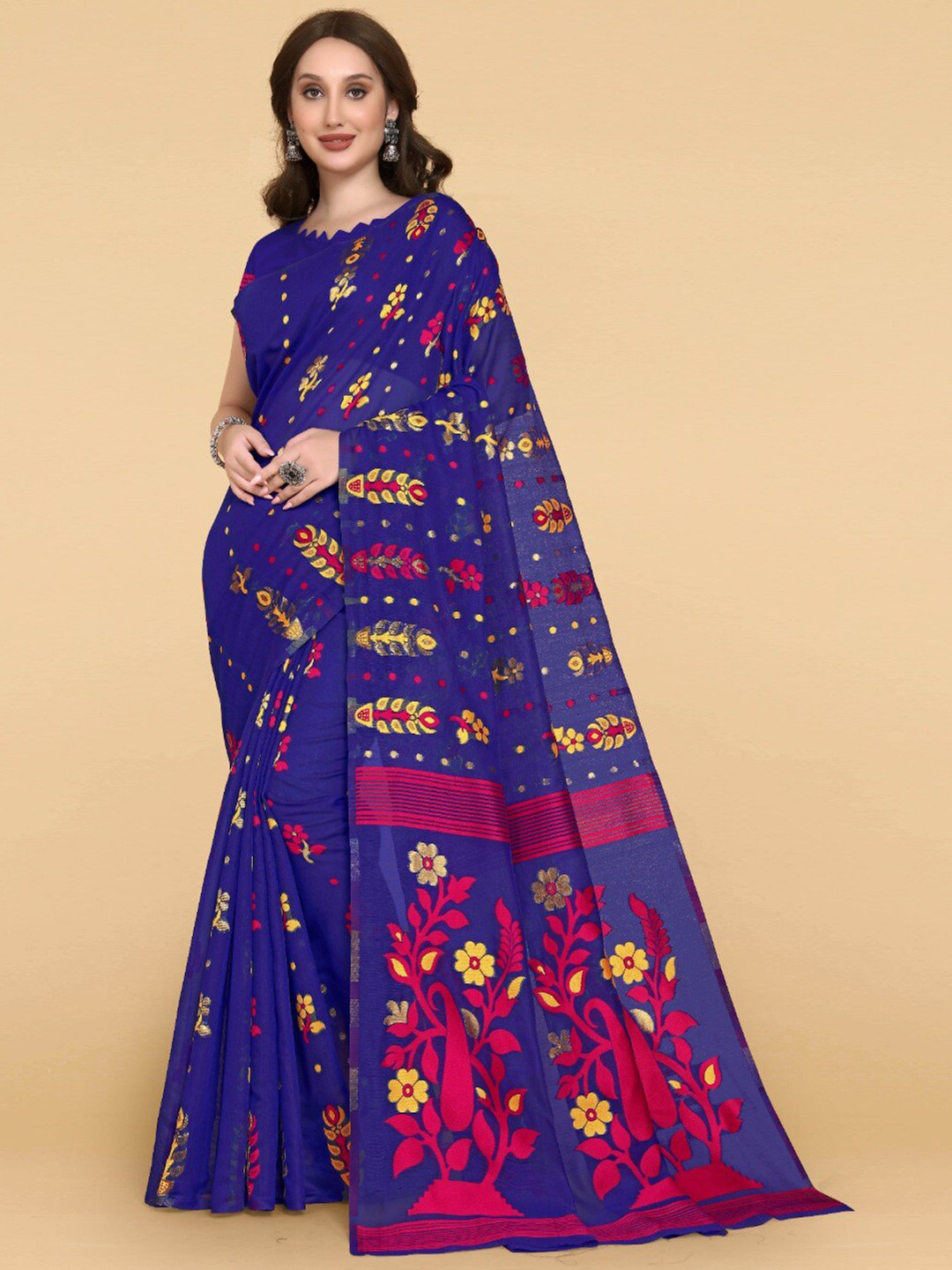 

ZIKARAA Woven Design Jute Cotton Jamdani Saree, Blue
