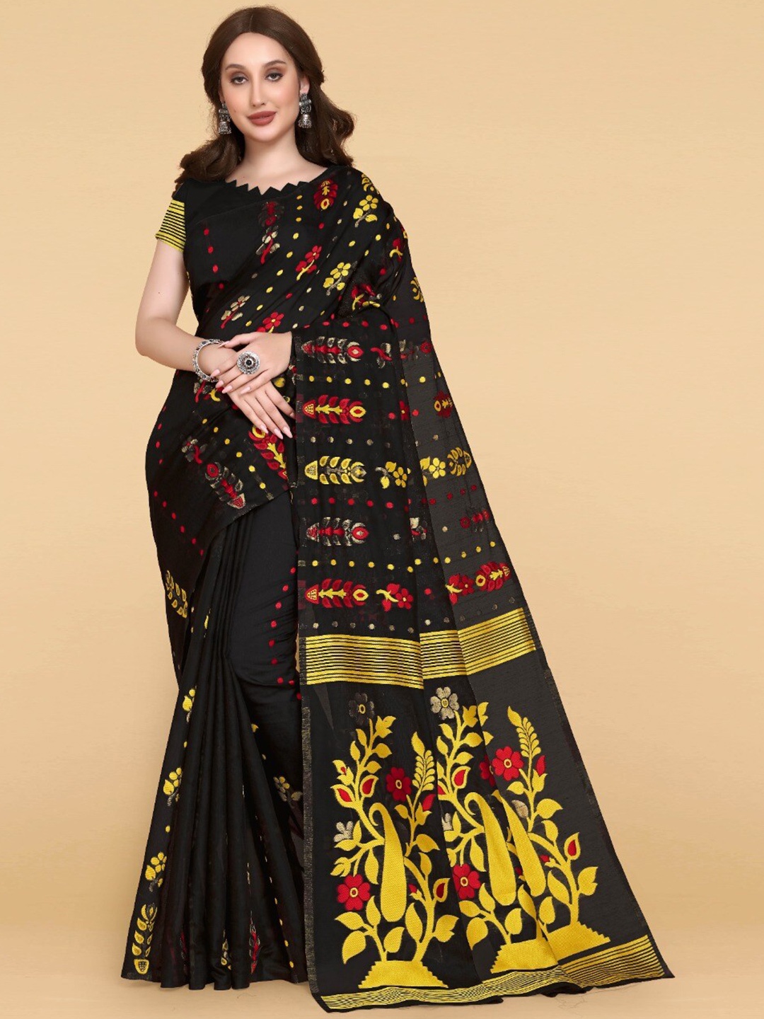 

ZIKARAA Woven Design Jute Cotton Jamdani Saree, Black
