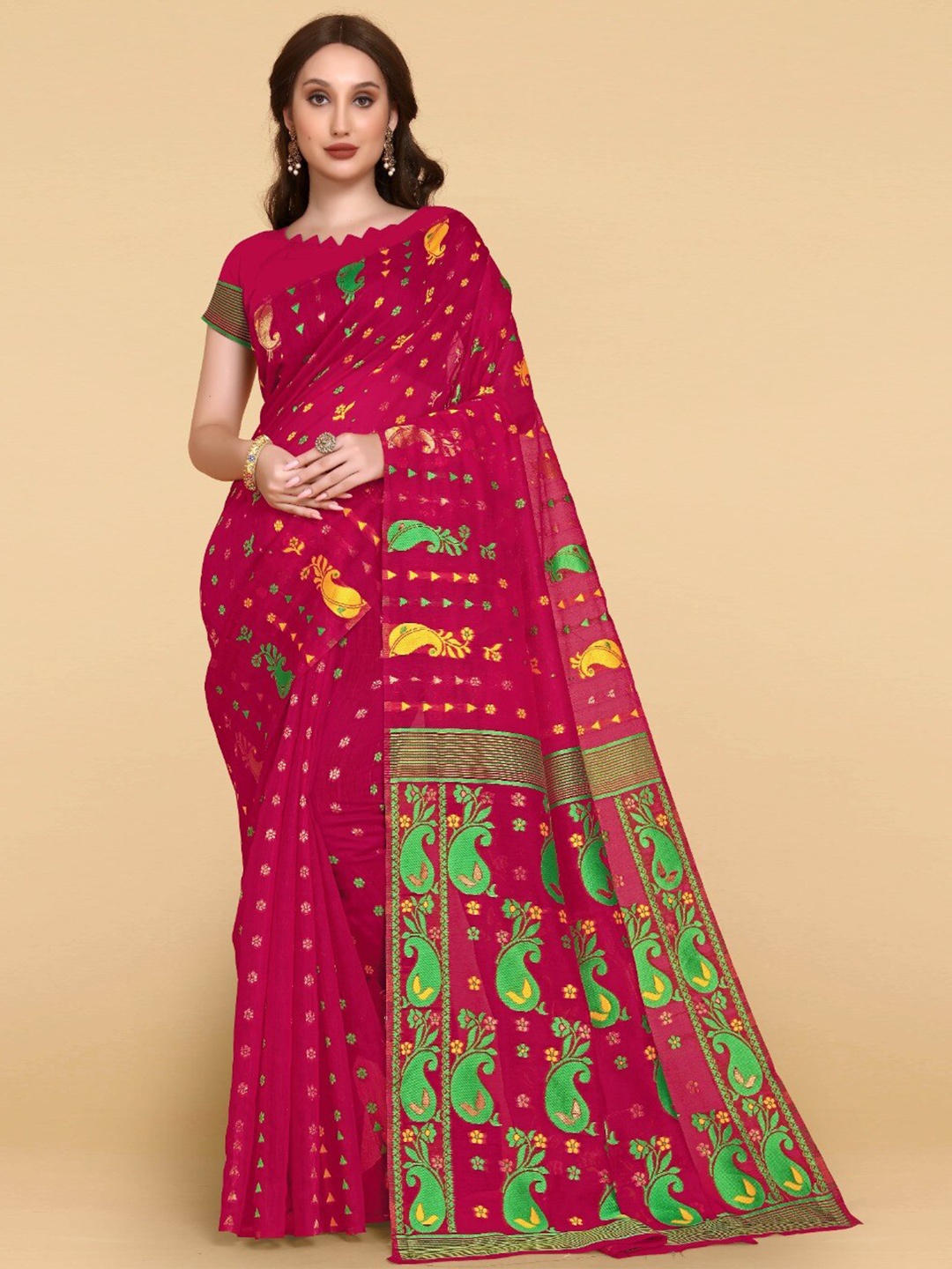

ZIKARAA Woven Design Jute Cotton Jamdani Saree, Red