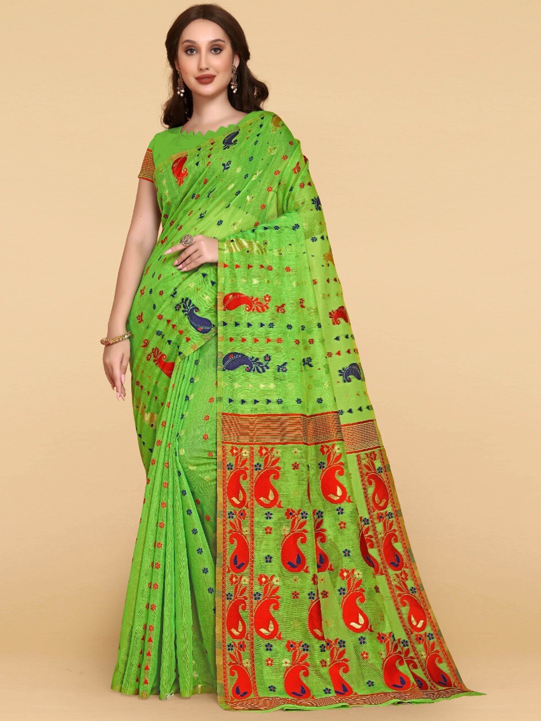 

ZIKARAA Woven Design Jute Cotton Jamdani Saree, Green