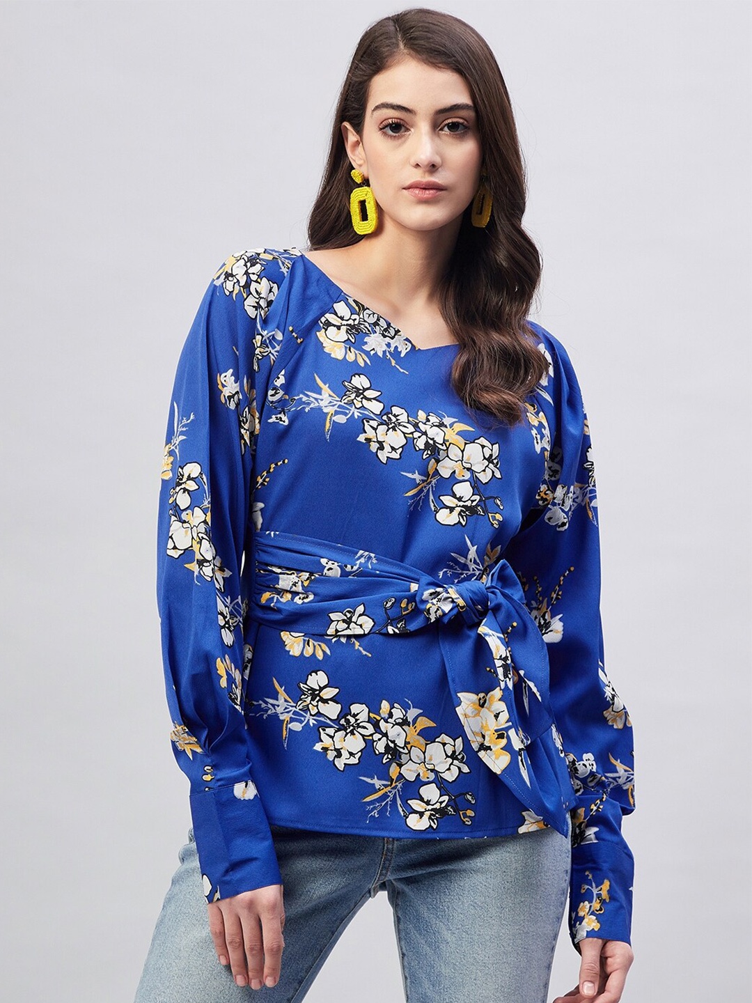 

RARE Floral Printed V-Neck Cuffed Sleeves Top, Blue