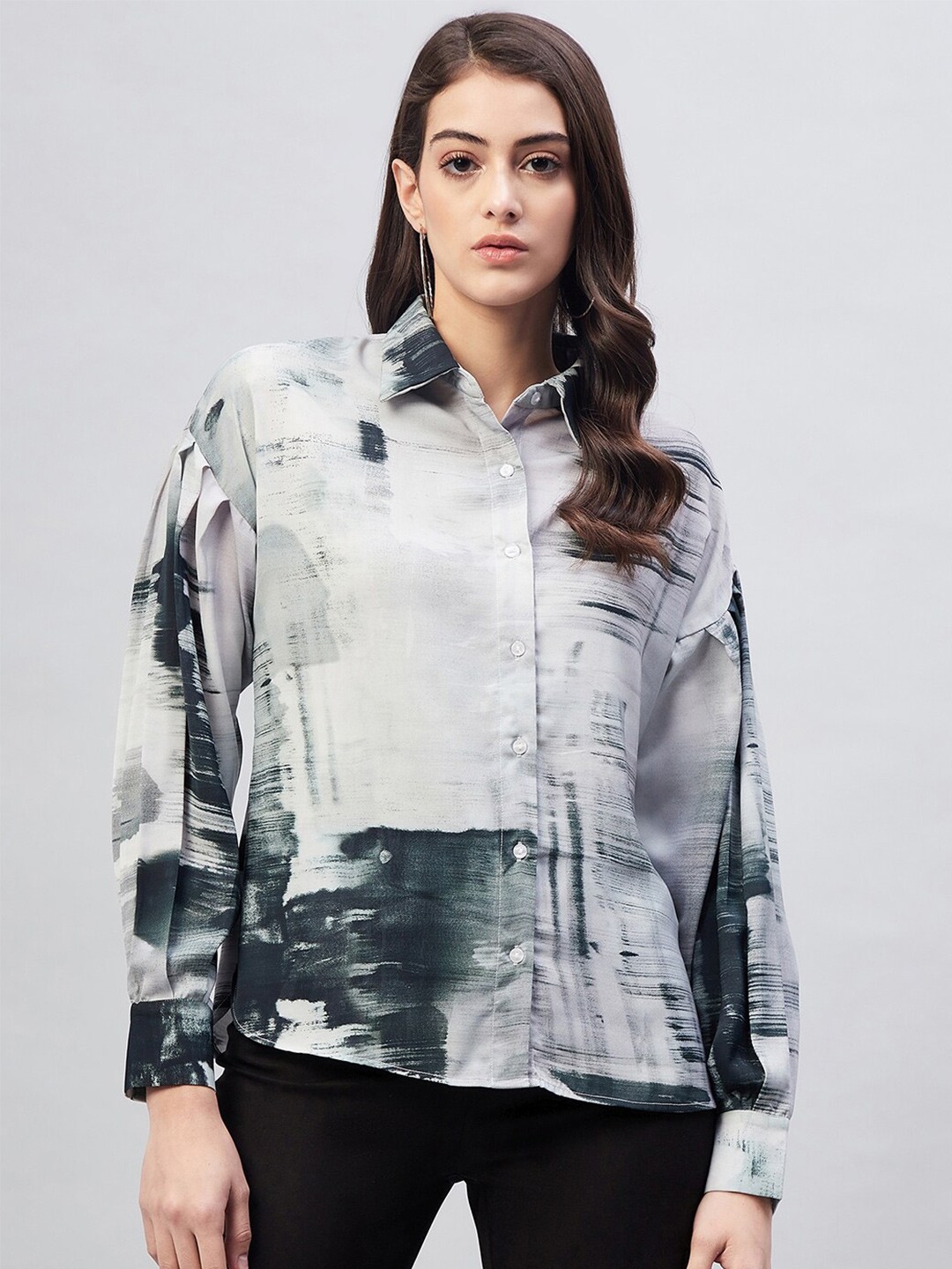 

RARE Women Black Printed Satin Casual Shirt