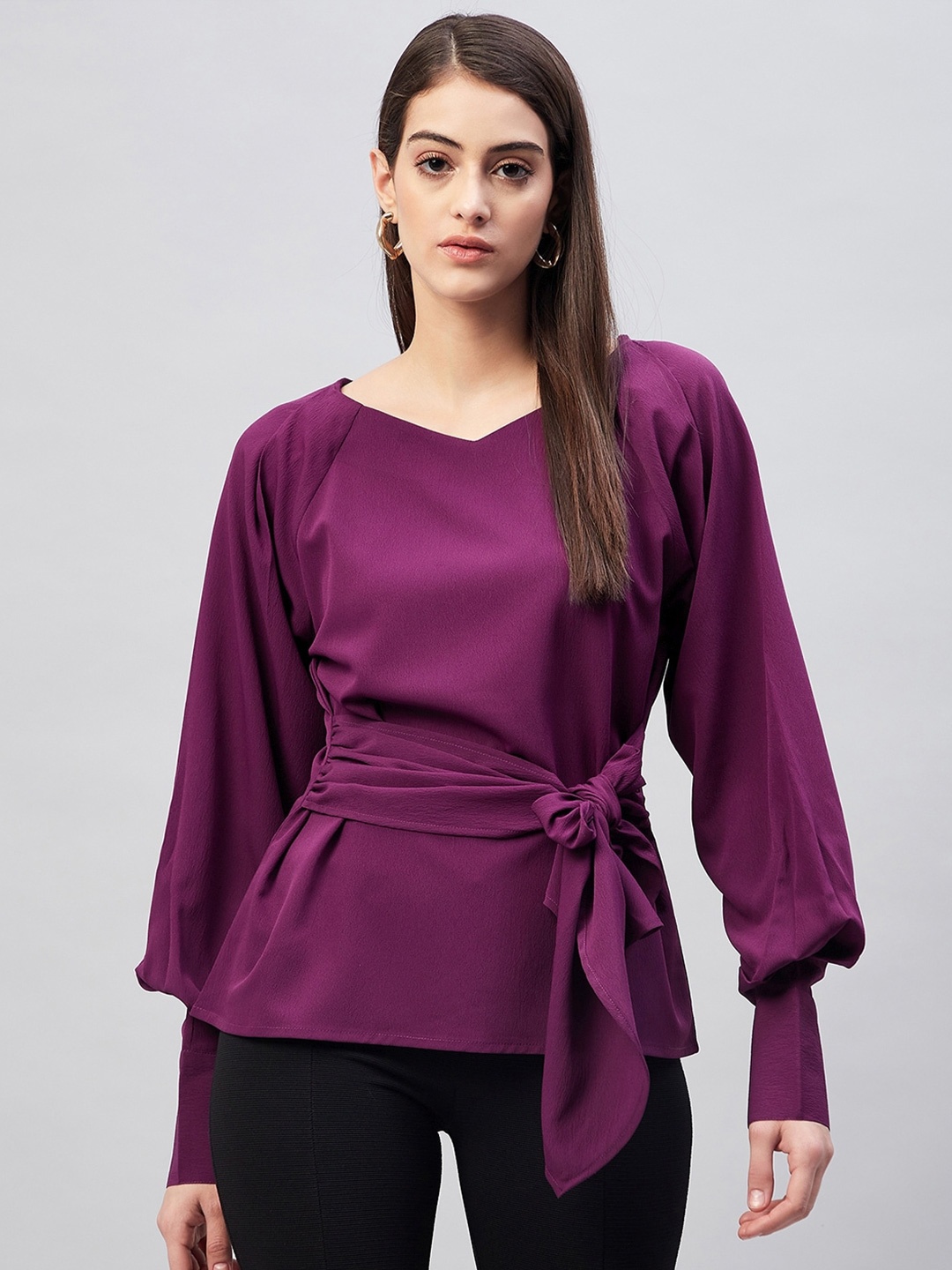 

RARE Crepe Puff Sleeve Cinched Waist Top, Purple