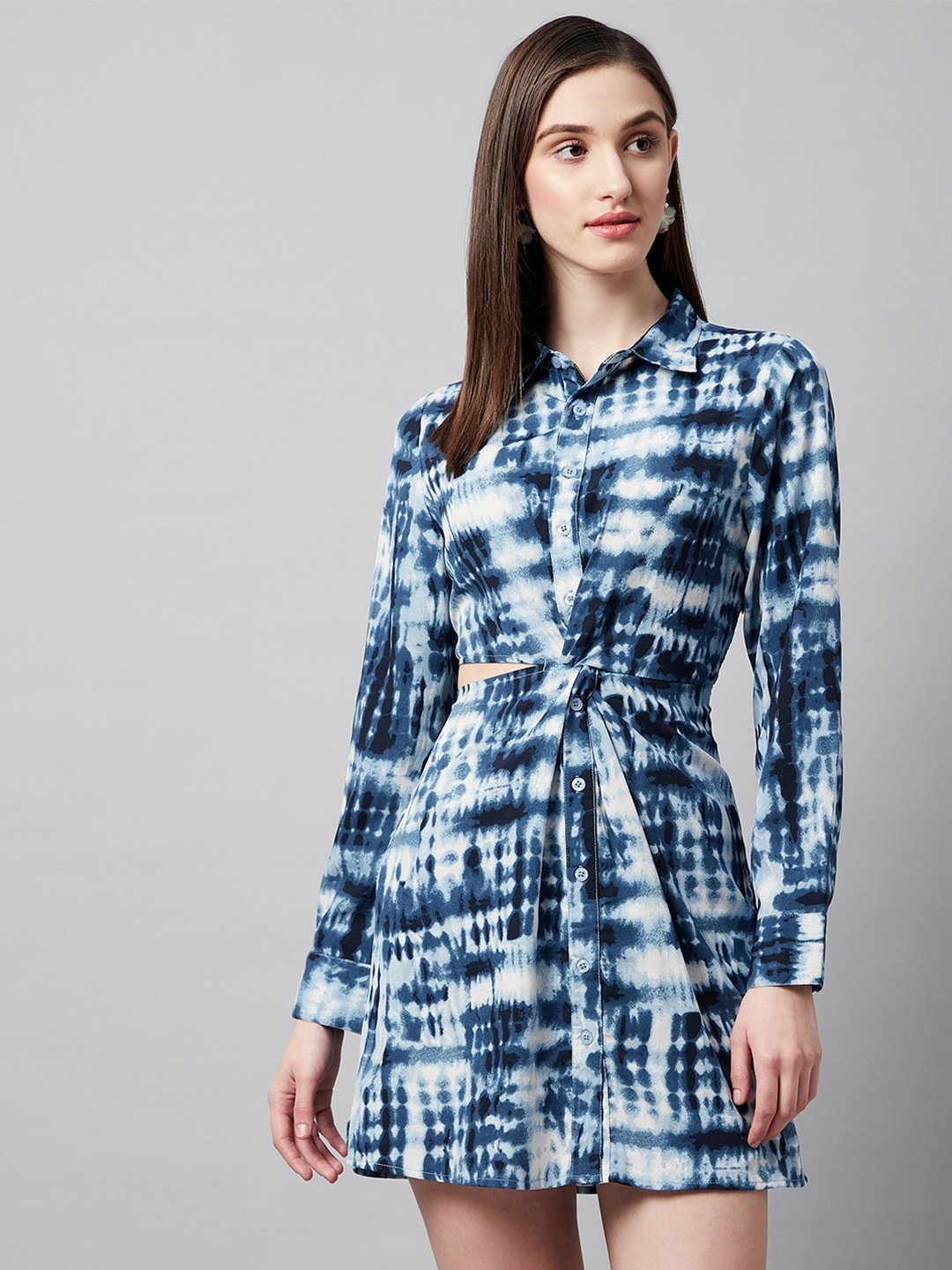 

RARE Tie and Dye Cut-Out Crepe Shirt Mini Dress, Blue