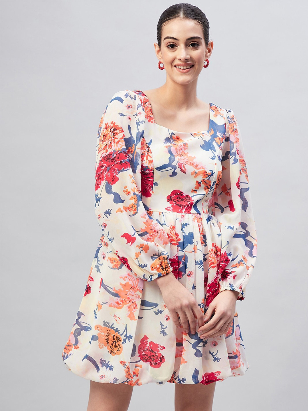 

RARE Floral Printed Puff Sleeve Georgette Dress, Off white
