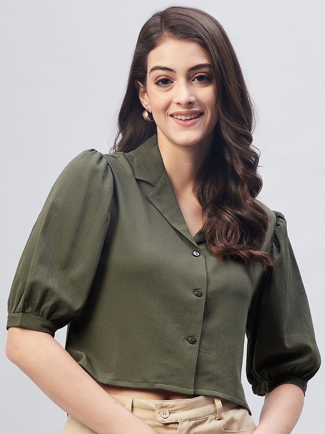 

Carlton London Olive Green Shirt Style Crop Top