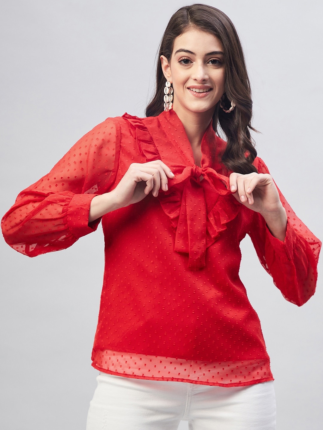 

Carlton London Red Print Tie-Up Neck Ruffles Top