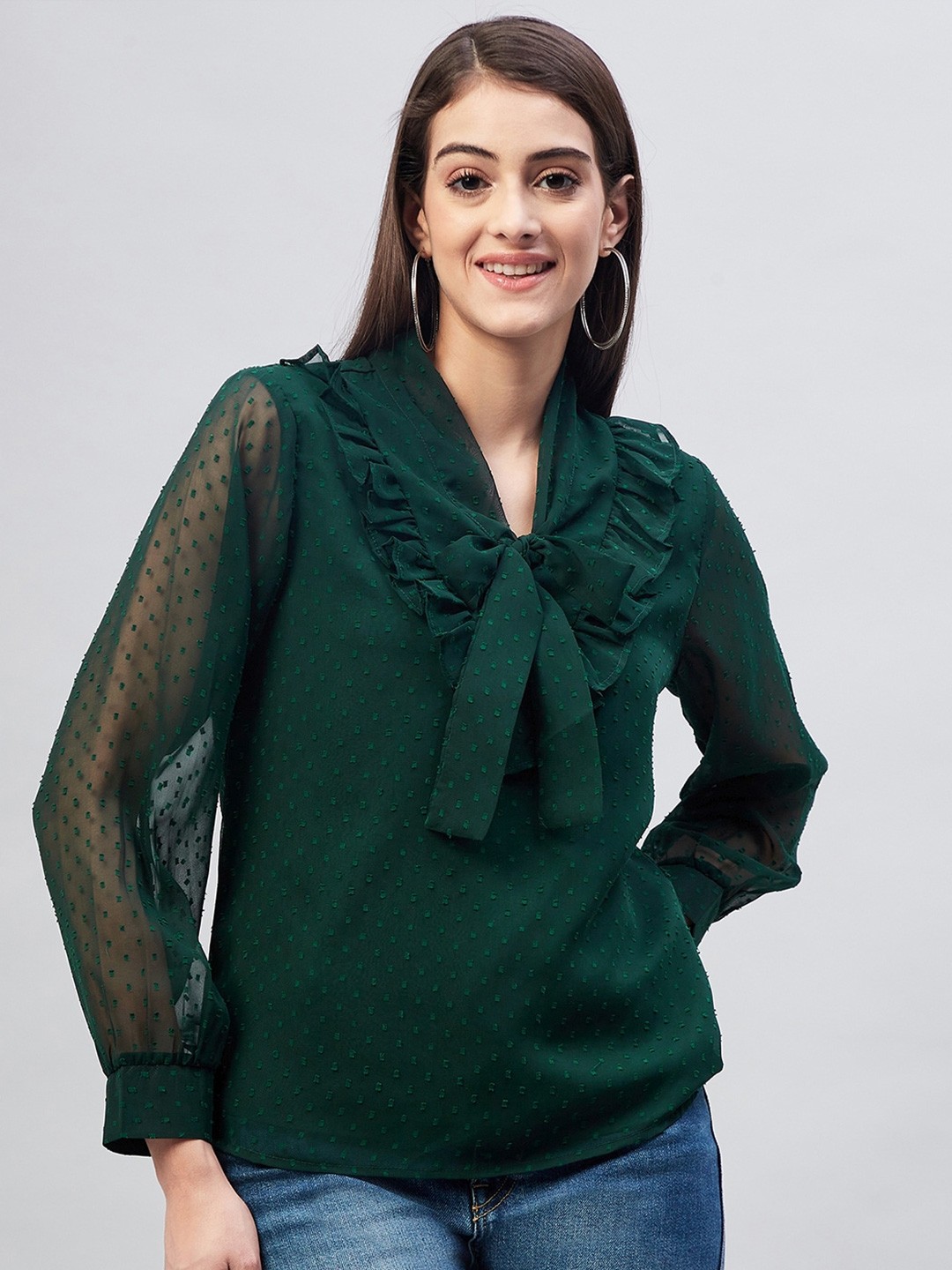 

Carlton London Green Tie-Up Neck Ruffles Georgette Top