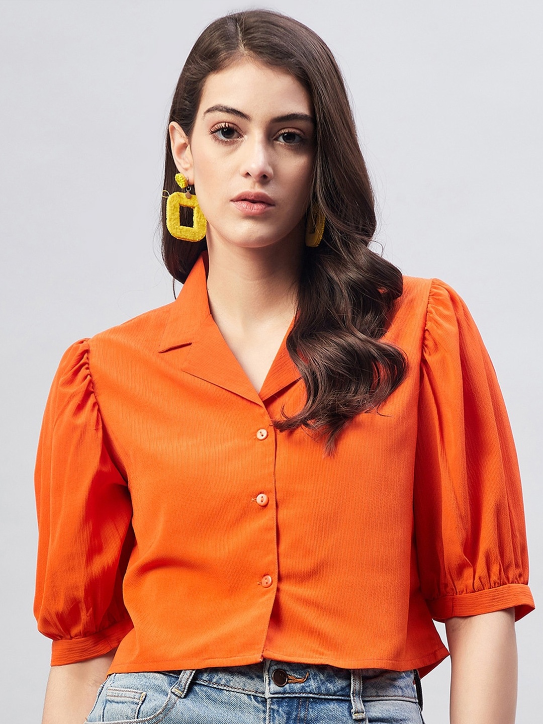 

Carlton London Crepe Shirt Style Crop Top, Orange