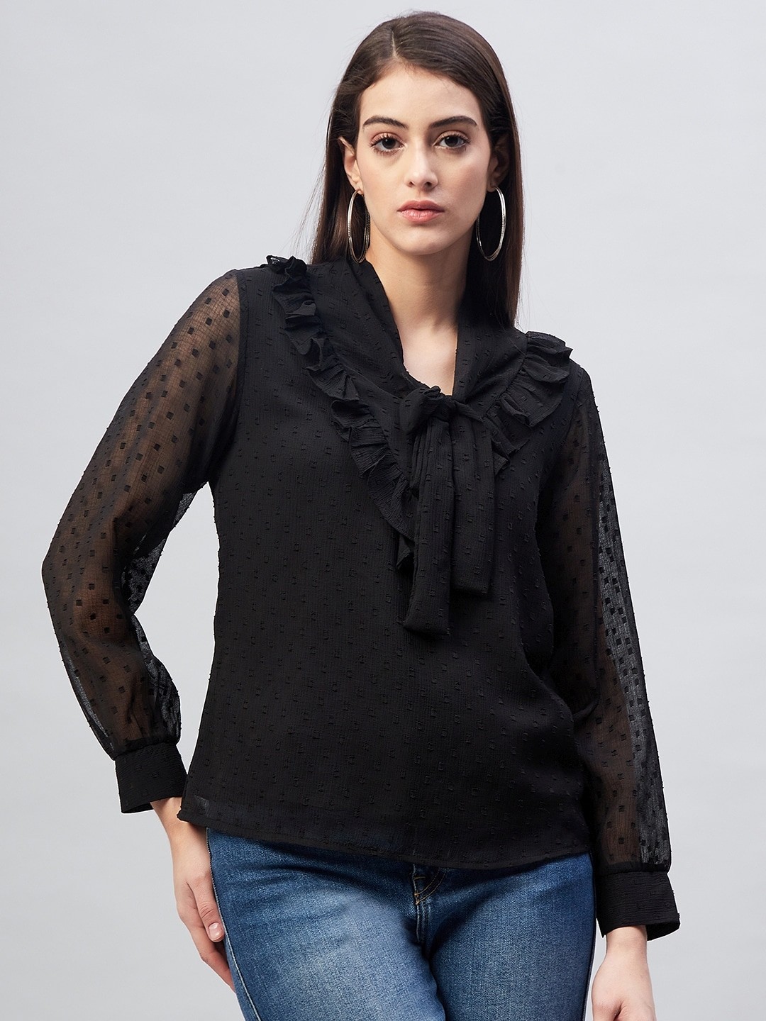 

Carlton London Black Tie-Up Neck Ruffles Chiffon Top