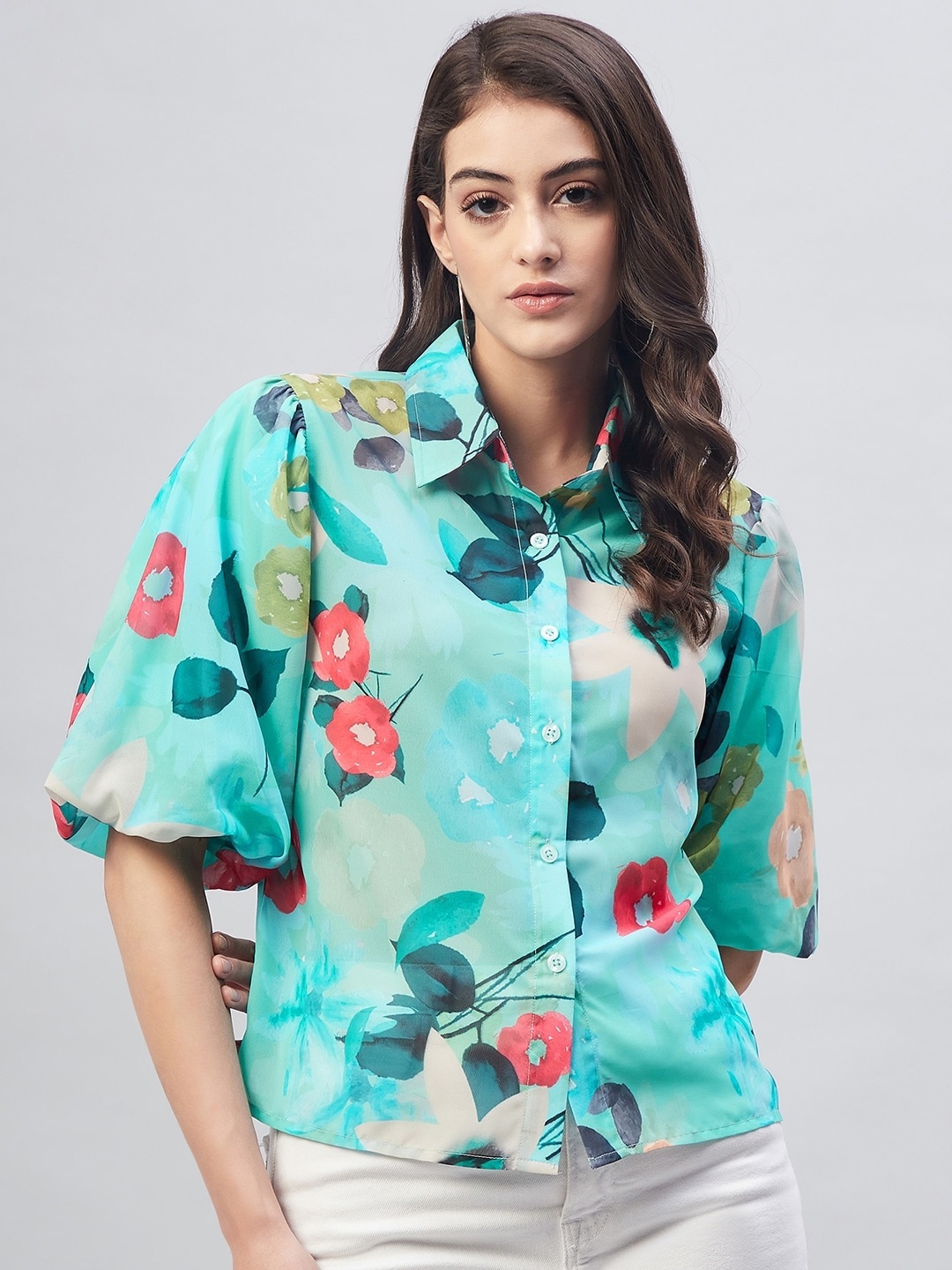 

Carlton London Floral Print Georgette Shirt Style Top, Green