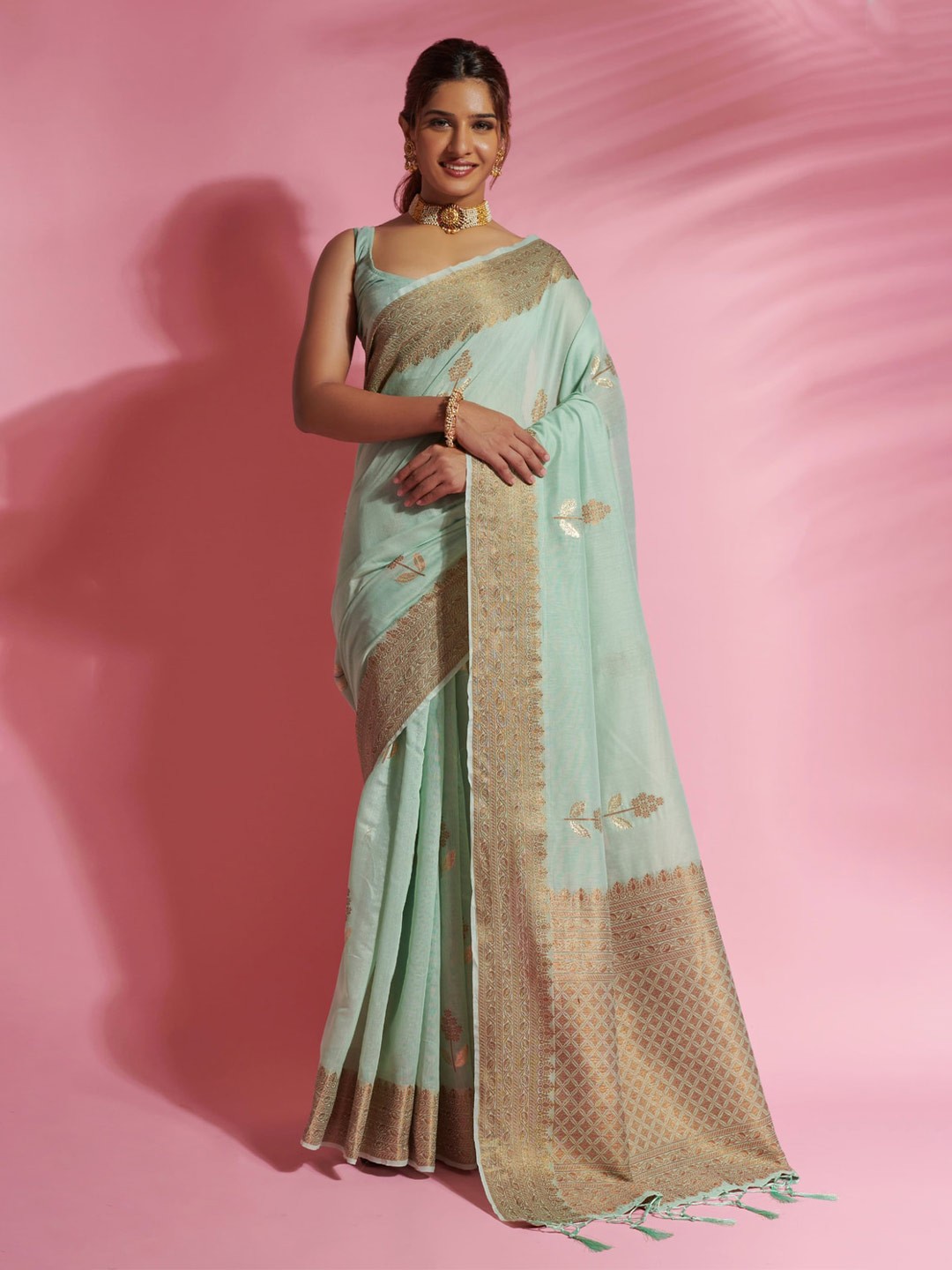 

elora Blue & Gold-Toned Woven Design Zari Saree