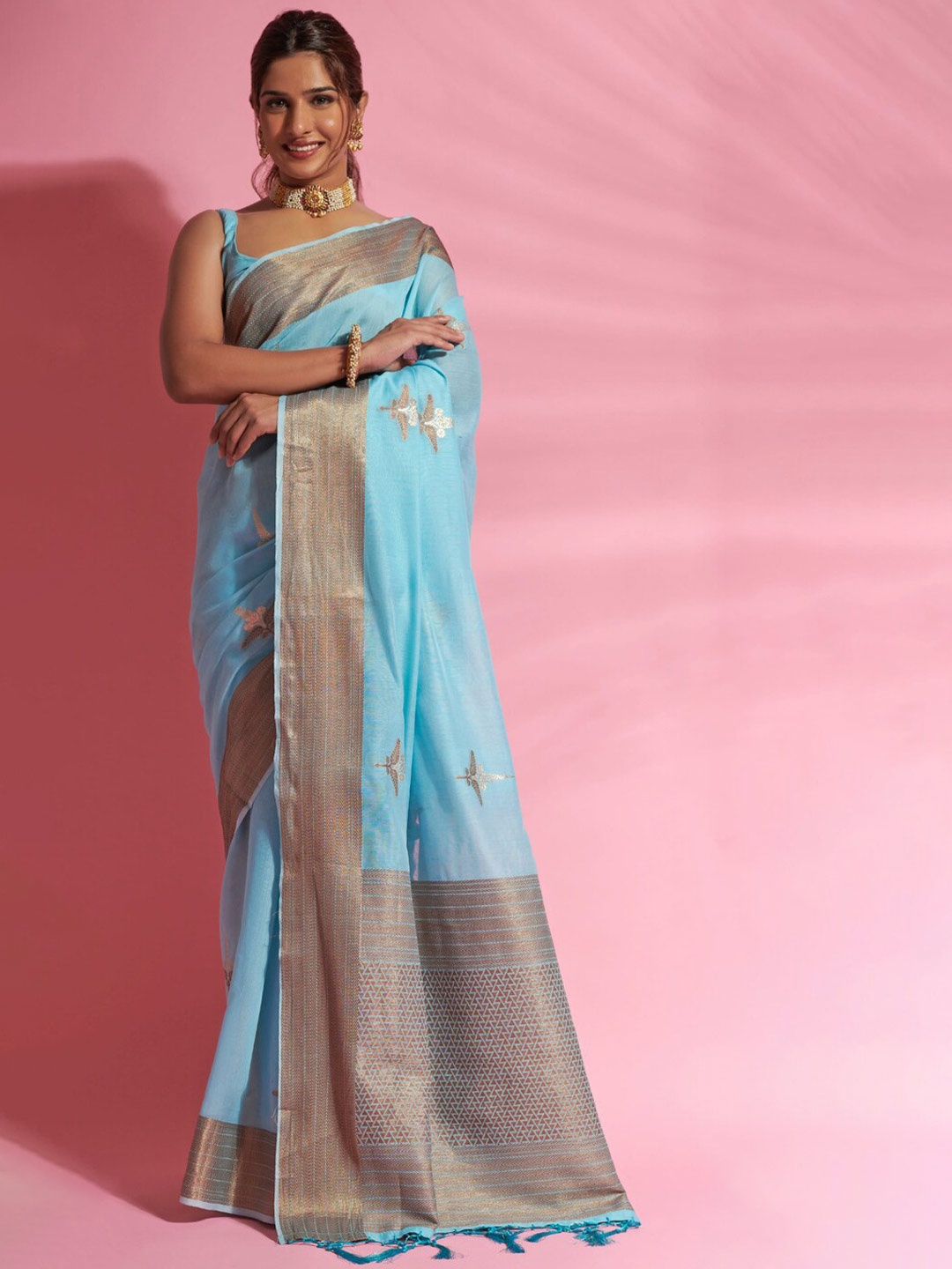 

elora Turquoise Blue & Copper-Toned Woven Design Zari Saree