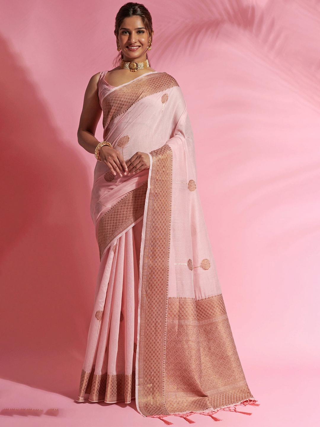 

elora Pink & Gold-Toned Woven Design Zari Saree