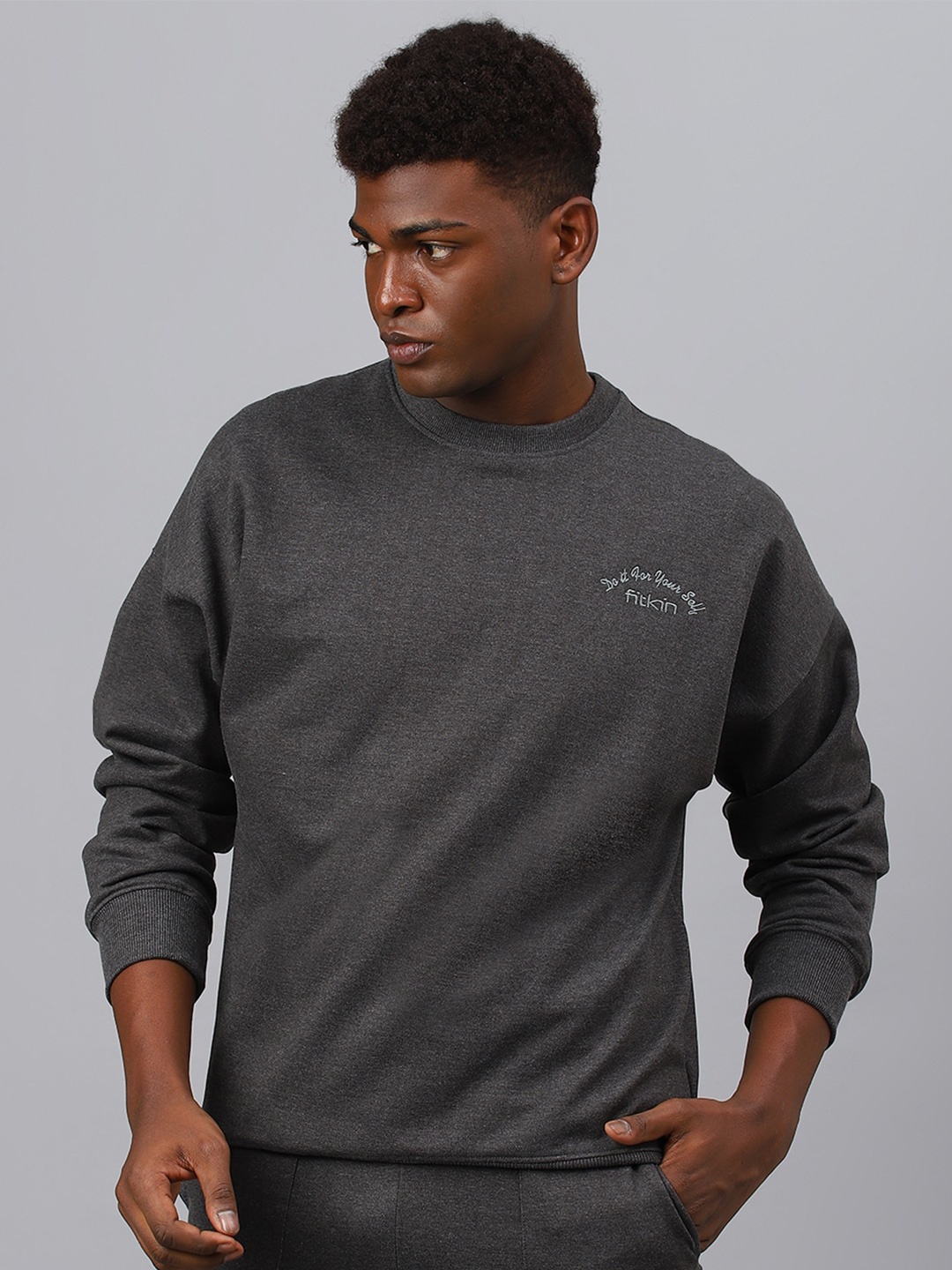 

Fitkin Men Round Neck Pullover Fleece Sweatshirt, Grey