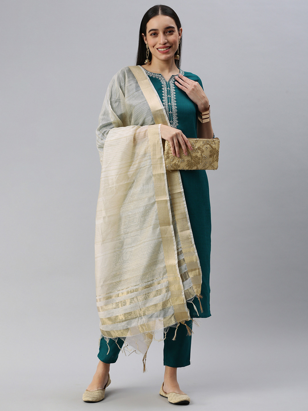 

HEEPOSH Women Teal Ethnic Motifs Yoke Design Kurta with Trousers & With Dupatta