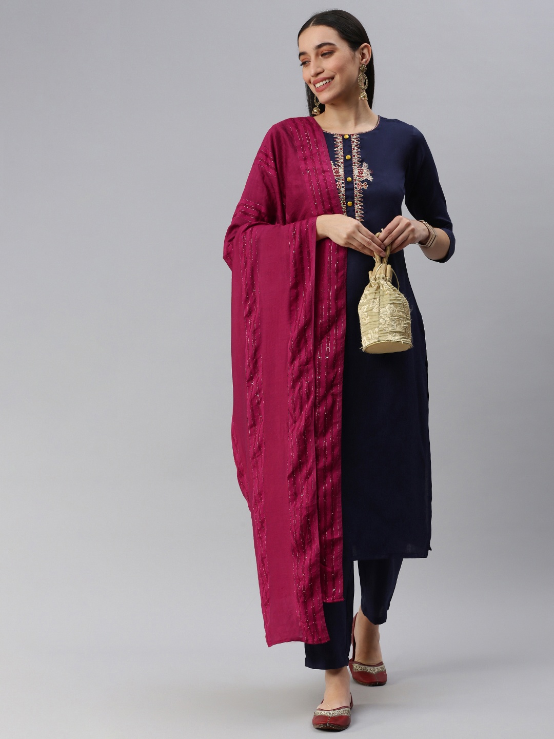 

HEEPOSH Women Navy Blue Floral Yoke Design Kurta with Trousers & With Dupatta