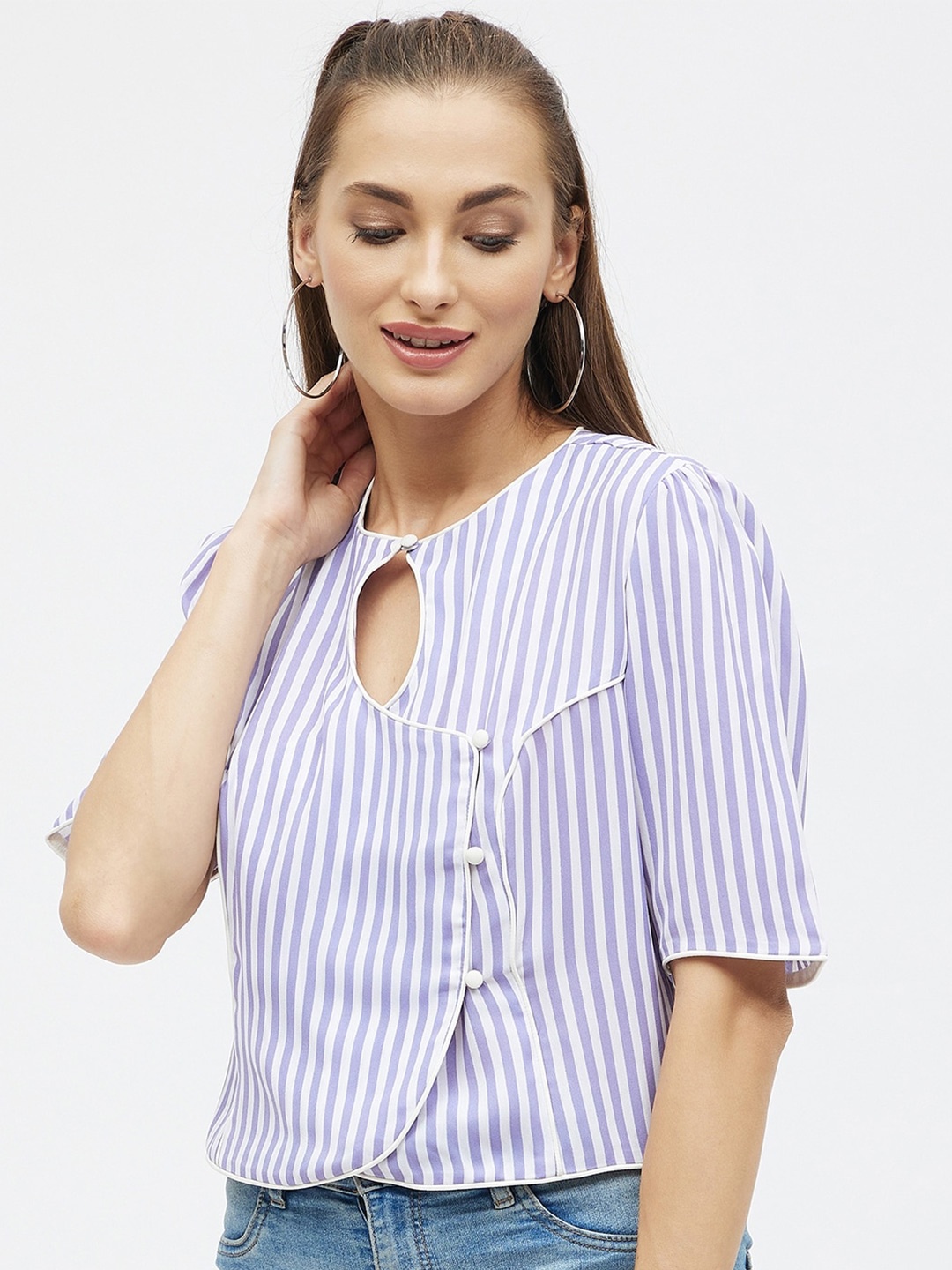 

Kibo Striped Keyhole Neck Crop Top, Lavender