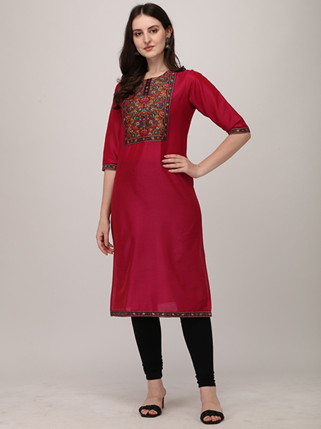 

Berrylicious Ethnic Motifs Yoke Design Round Neck Kurta, Pink