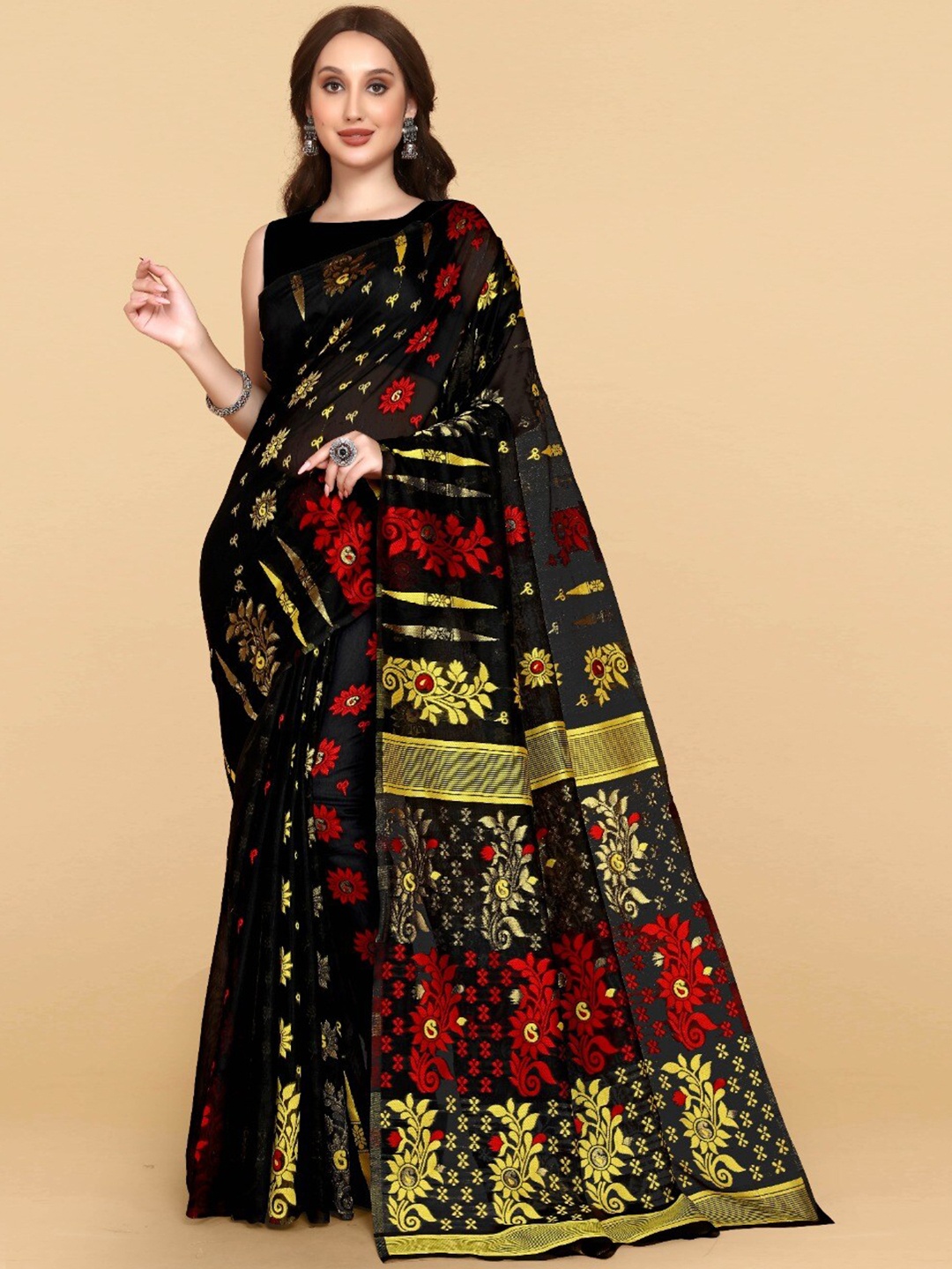 

ZIKARAA Floral Jute Cotton Jamdani Saree, Black