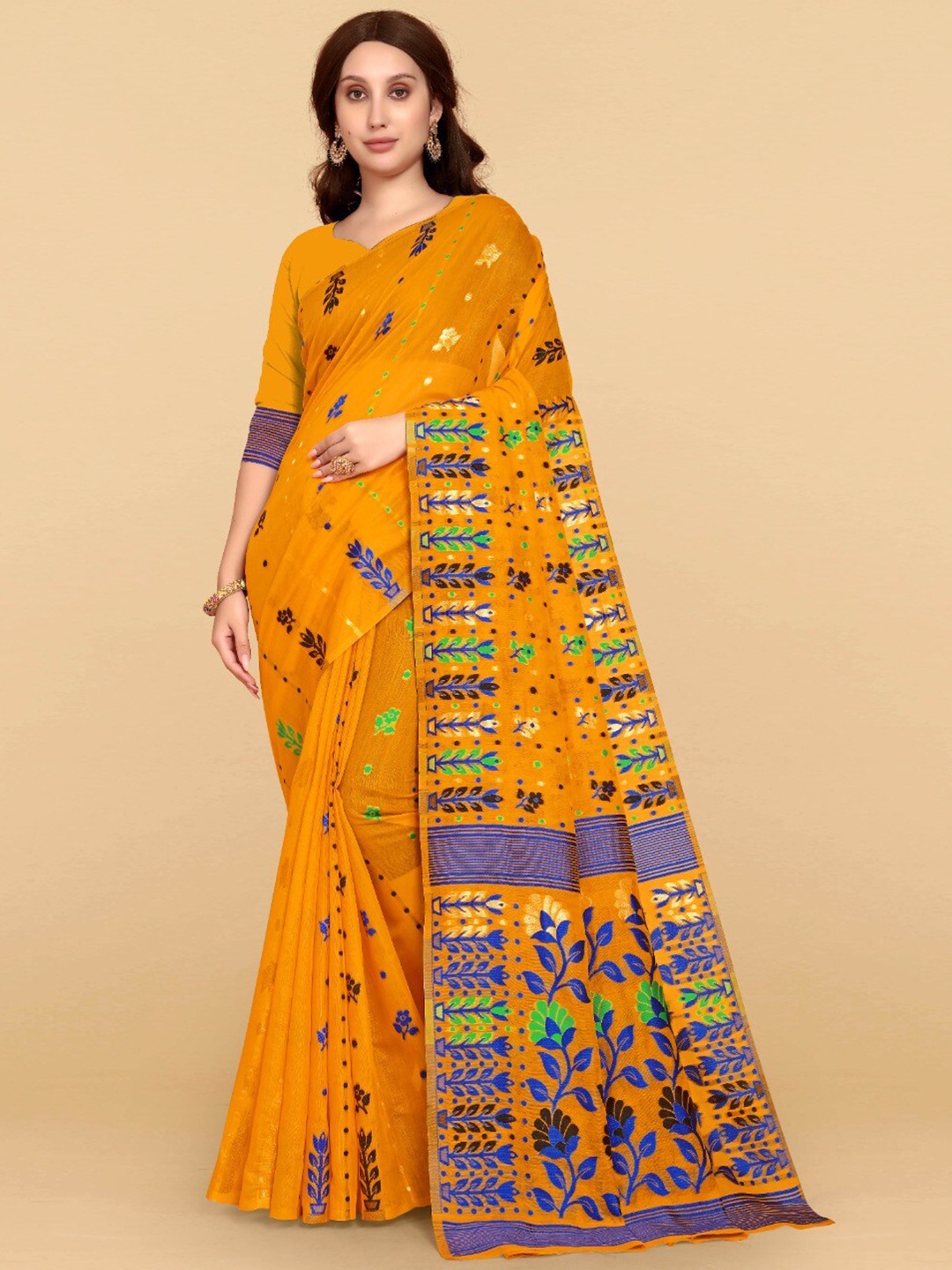 

ZIKARAA Woven Design Jute Cotton Jamdani Saree, Yellow