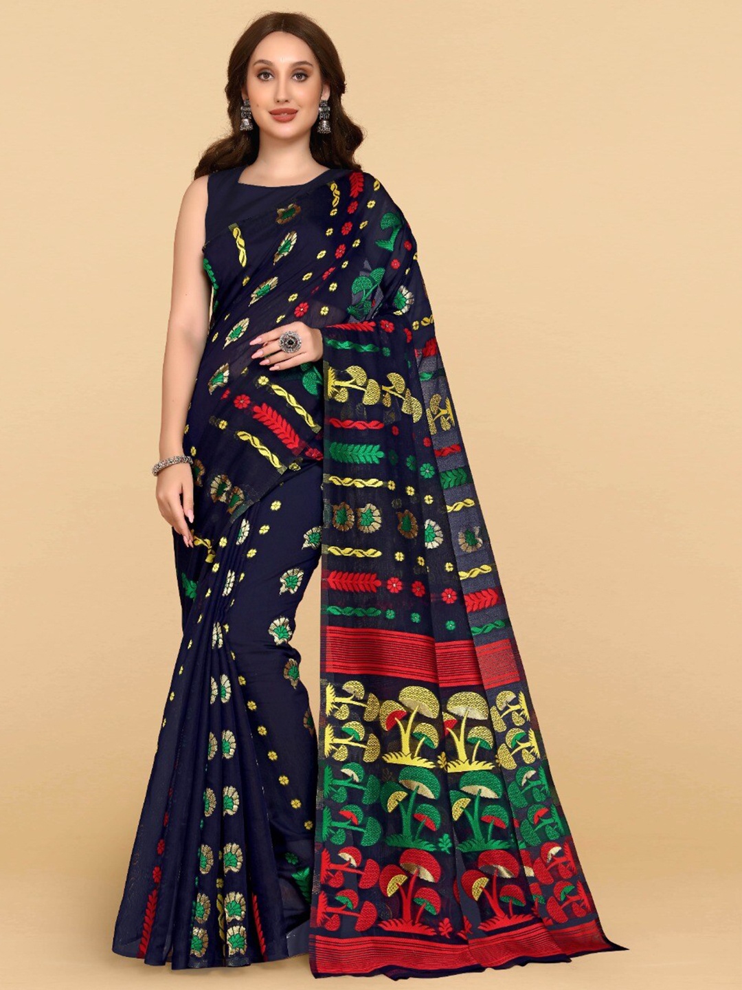 

ZIKARAA Woven Design Jute Cotton Jamdani Saree, Navy blue
