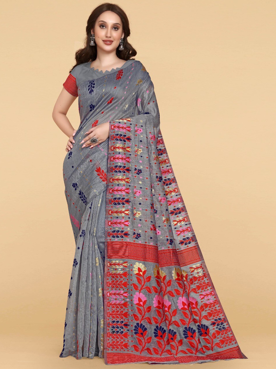 

ZIKARAA Floral Jute Cotton Jamdani Saree, Grey