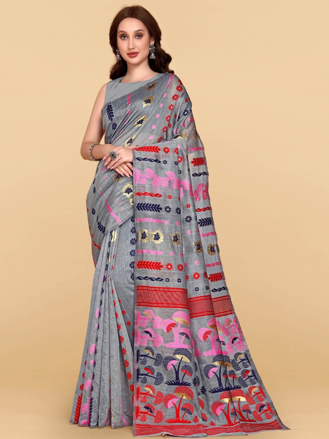 

ZIKARAA Woven Design Jute Cotton Jamdani Saree, Grey