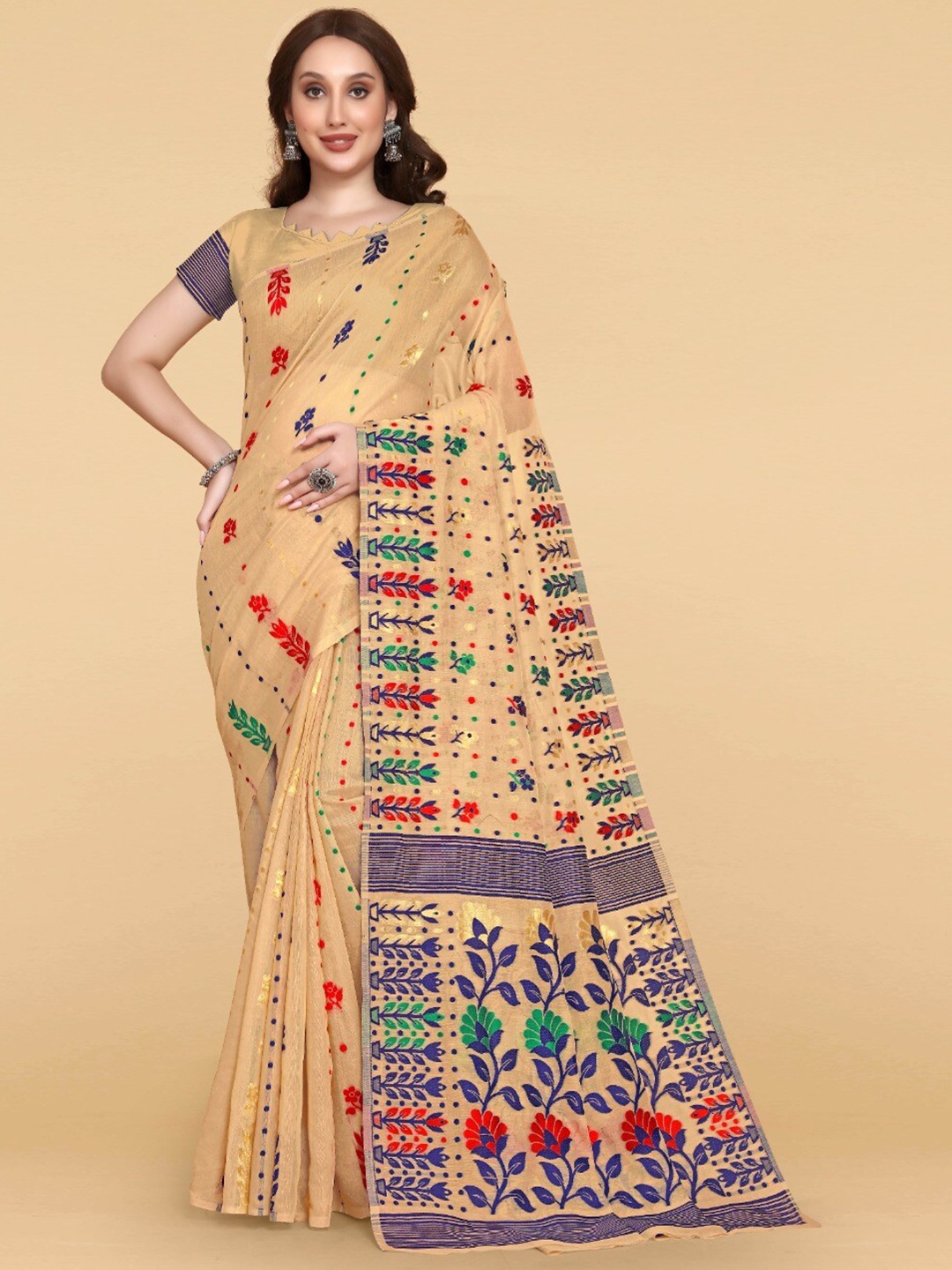 

ZIKARAA Woven Design Jute Cotton Jamdani Saree, Beige