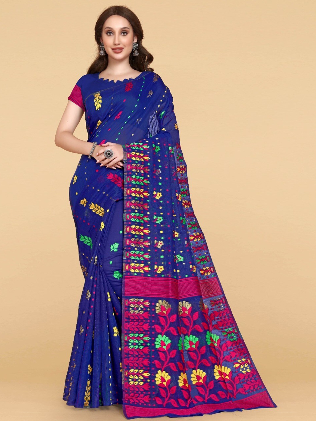 

ZIKARAA Woven Design Jute Cotton Jamdani Saree, Blue