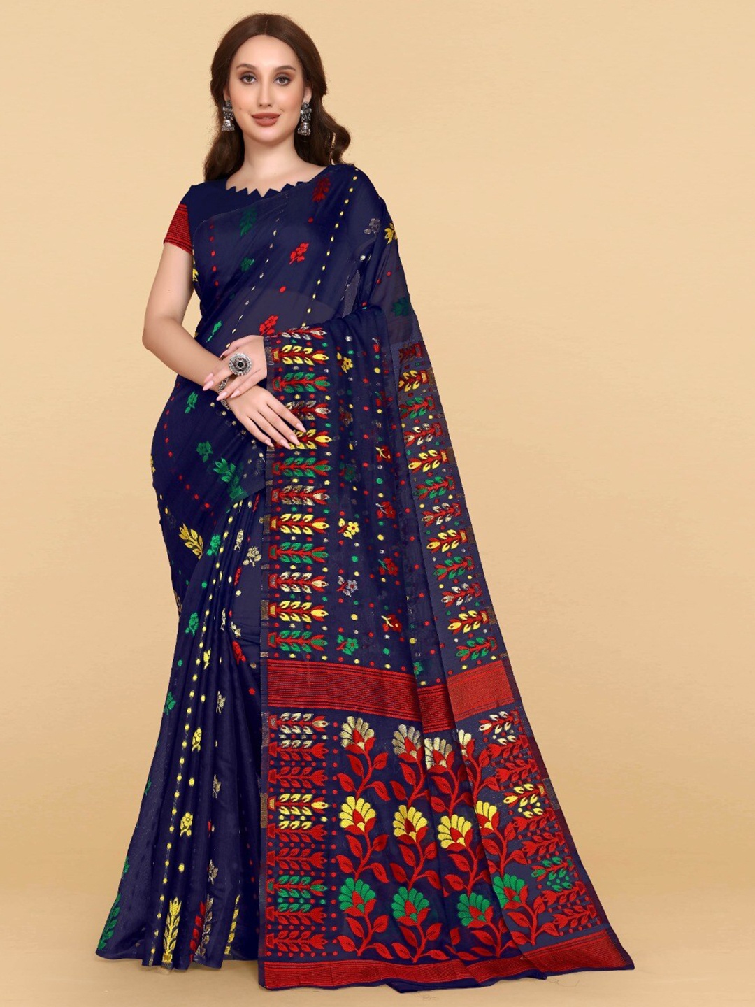 

ZIKARAAWoven Design Jute Cotton Jamdani Saree, Navy blue