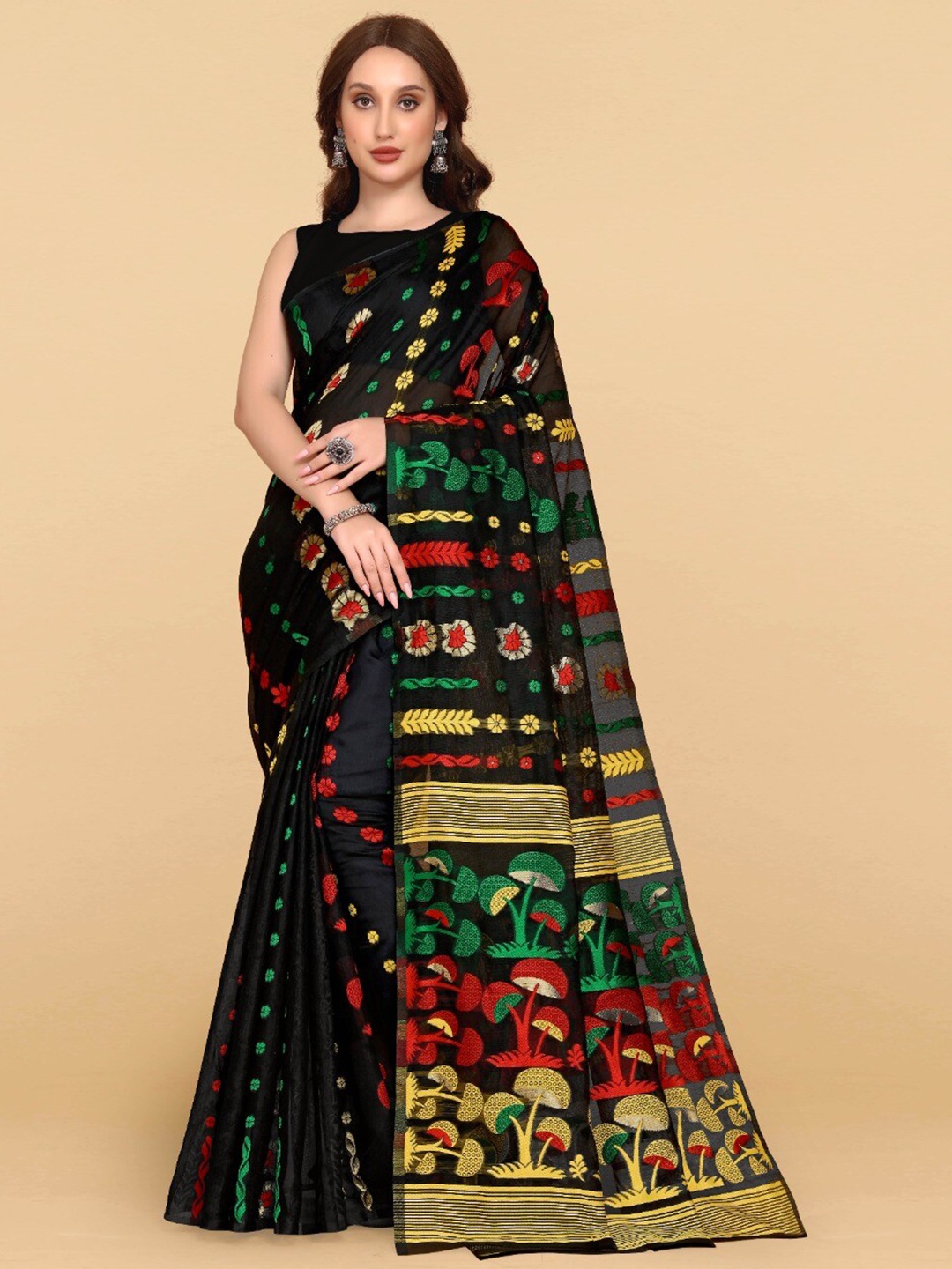 

ZIKARAA Woven Design Jute Cotton Jamdani Saree, Black