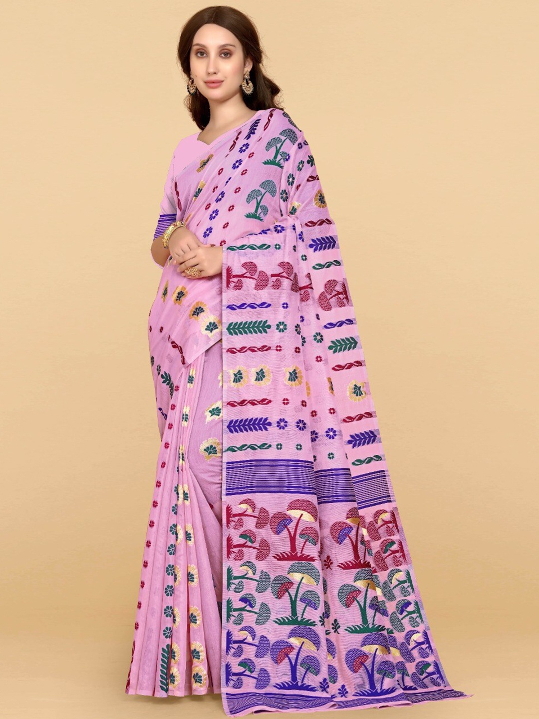 

ZIKARAA Woven Design Jute Cotton Jamdani Saree, Pink