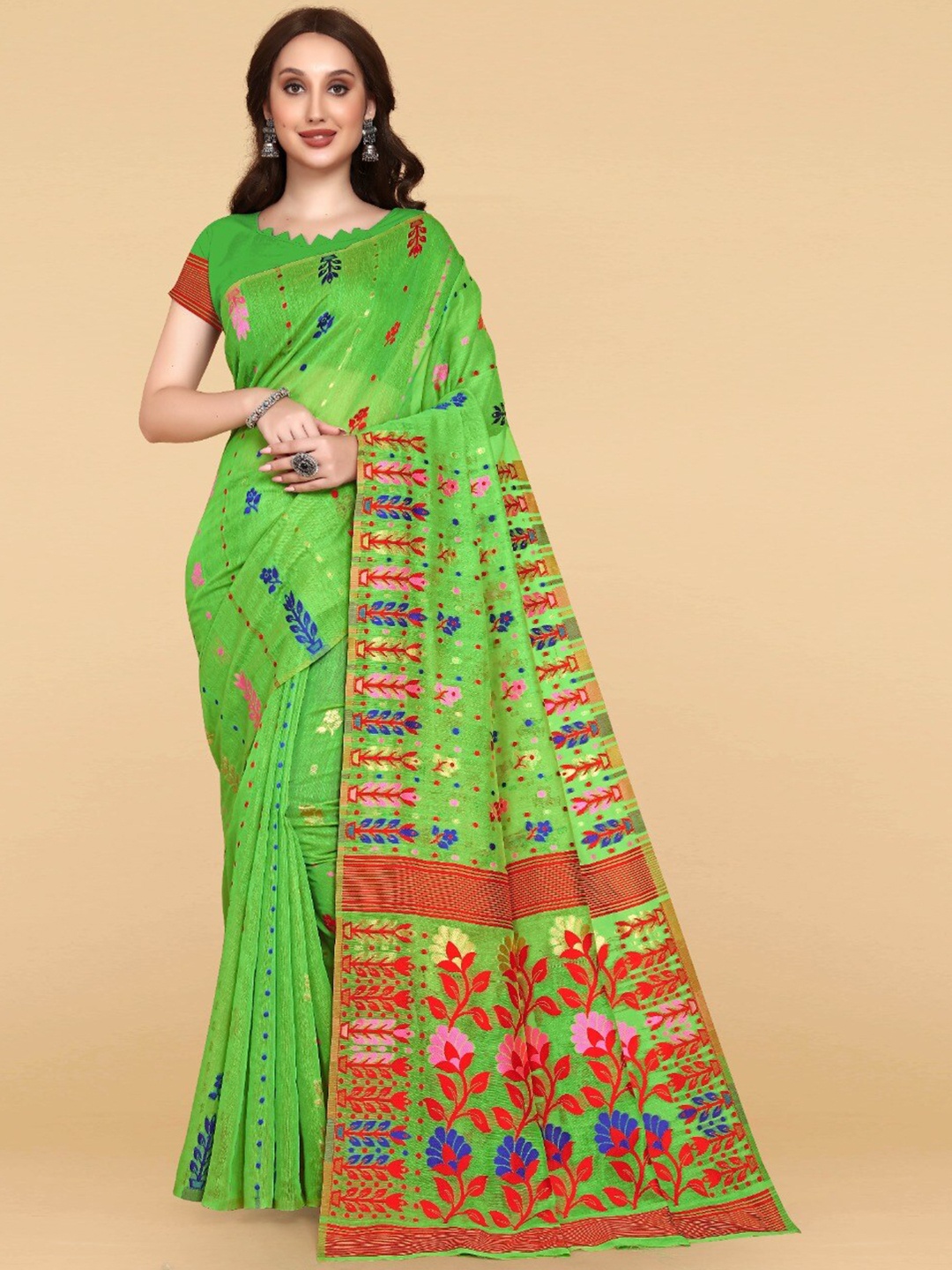 

ZIKARAA Woven Design Jute Cotton Jamdani Saree, Green