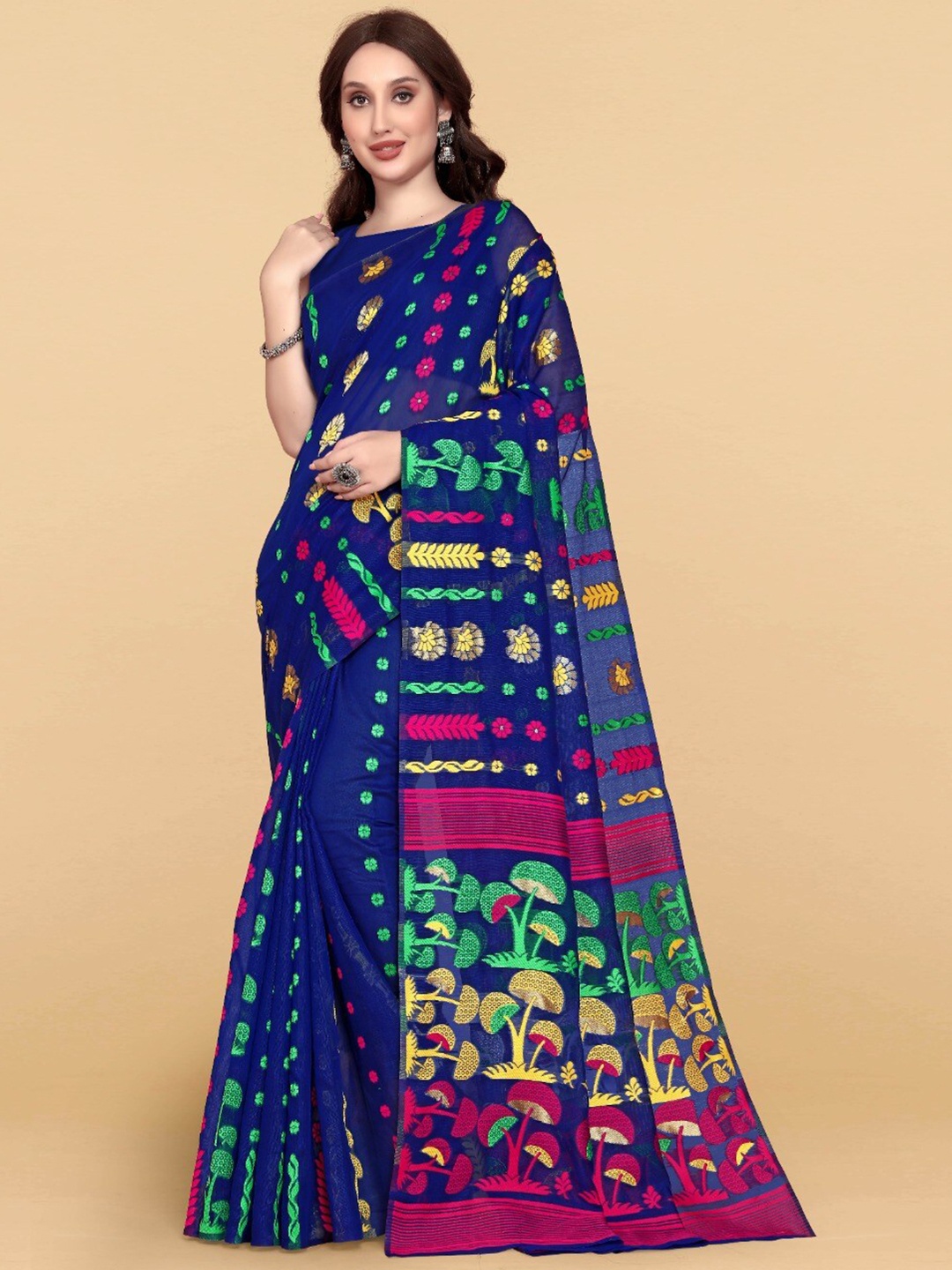 

ZIKARAA Woven Design Jute Cotton Jamdani Saree, Blue