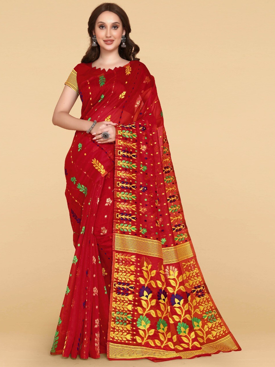 

ZIKARAA Woven Design Jute Cotton Jamdani Saree, Red