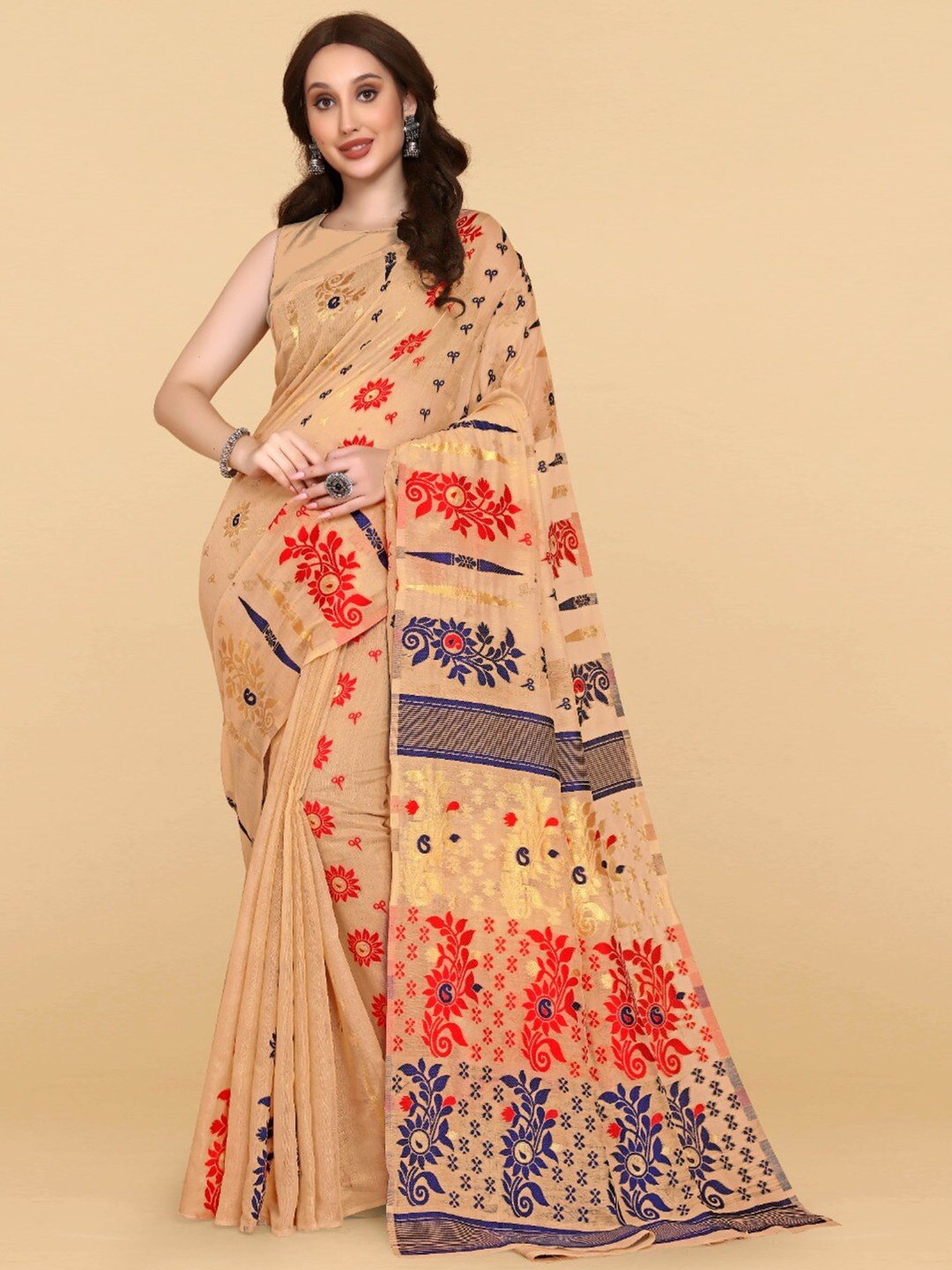 

ZIKARAA Woven Design Jute Cotton Jamdani Saree, Beige
