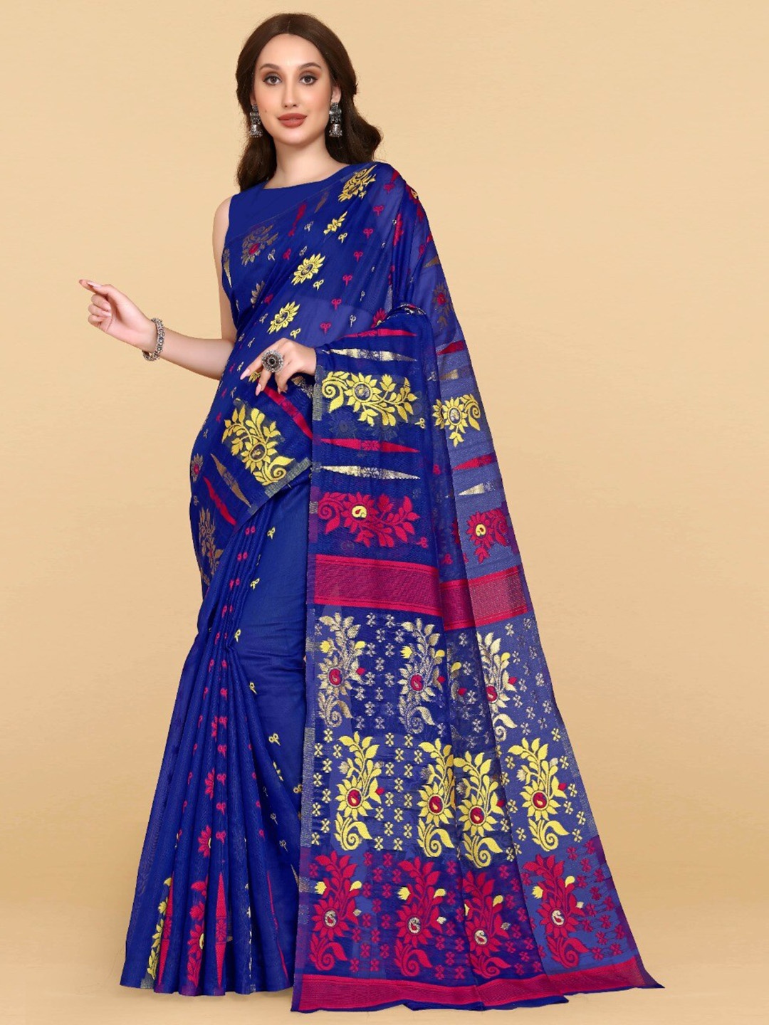 

ZIKARAA Woven Design Jute Cotton Jamdani Saree, Blue
