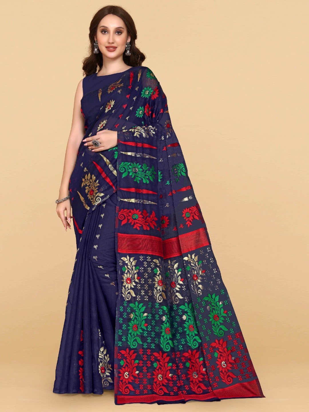 

ZIKARAA Woven Design Jute Cotton Jamdani Saree, Navy blue