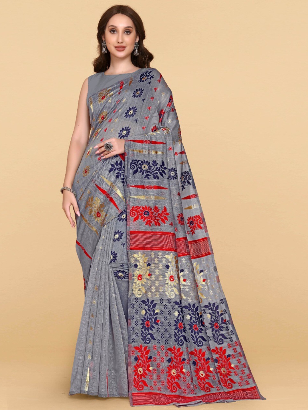 

ZIKARAA Woven Design Jute Cotton Jamdani Saree, Grey