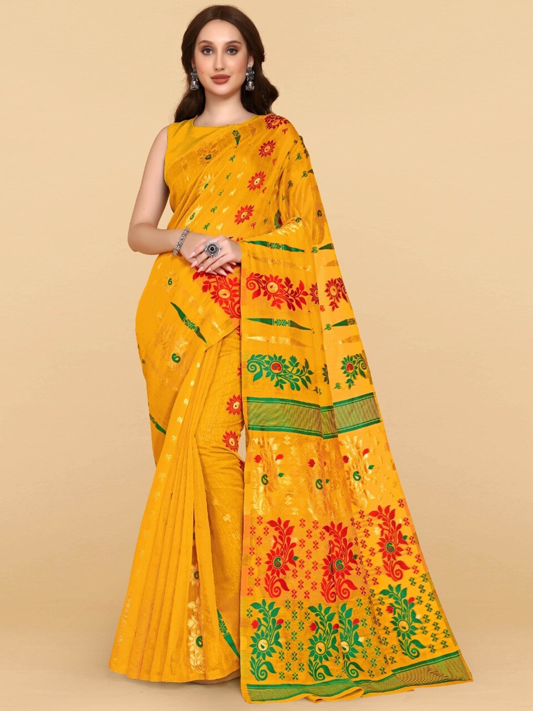 

ZIKARAA Woven Design Jute Cotton Jamdani Saree, Yellow