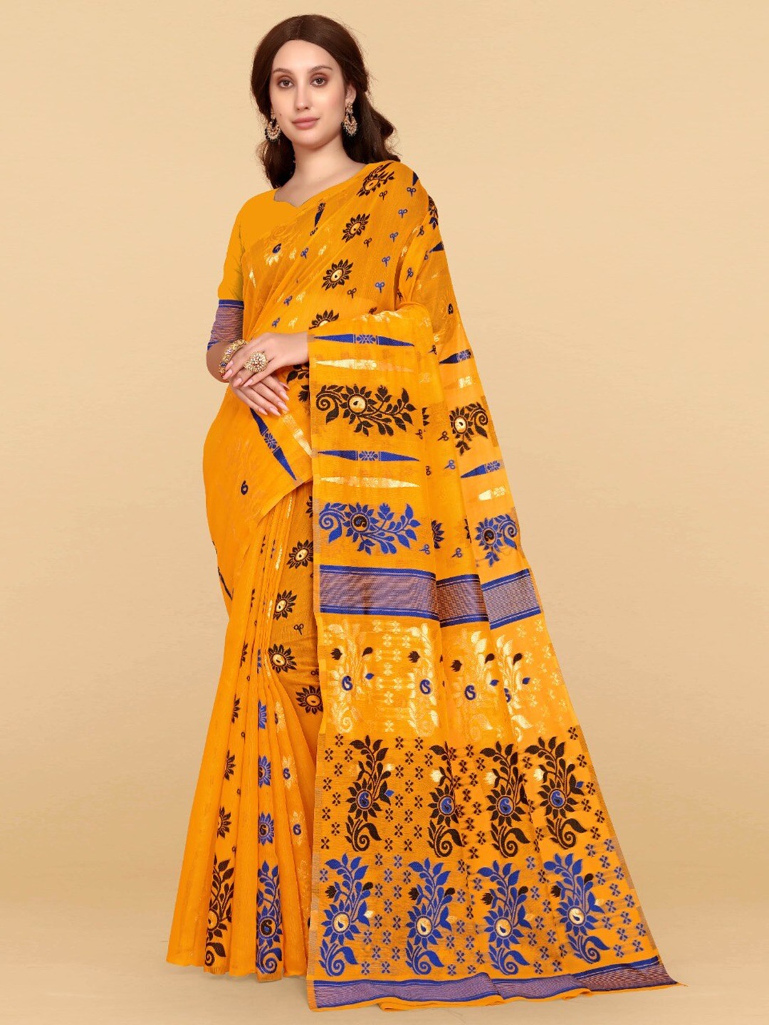 

ZIKARAA Woven Design Jute Cotton Jamdani Saree, Orange