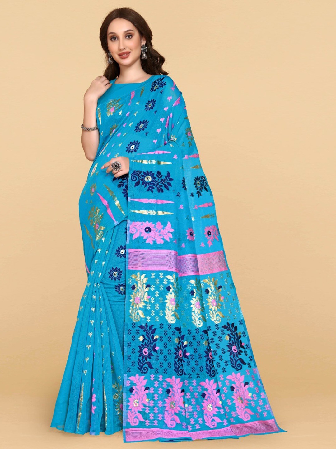 

ZIKARAA Woven Design Jute Cotton Jamdani Saree, Turquoise blue