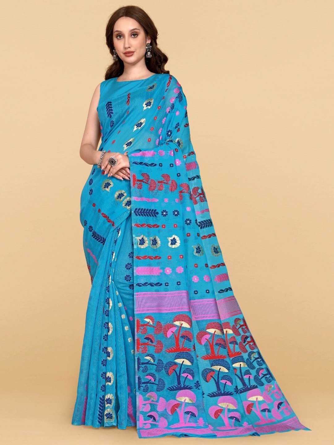

ZIKARAA Woven Design Jute Cotton Jamdani Saree, Turquoise blue
